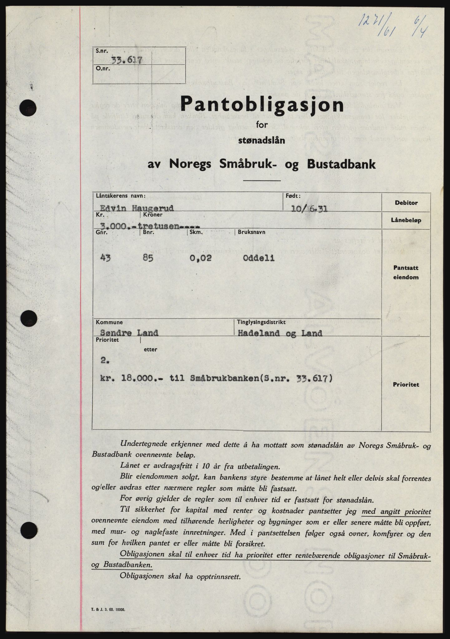 Hadeland og Land tingrett, SAH/TING-010/H/Hb/Hbc/L0045: Pantebok nr. B45, 1961-1961, Dagboknr: 1271/1961