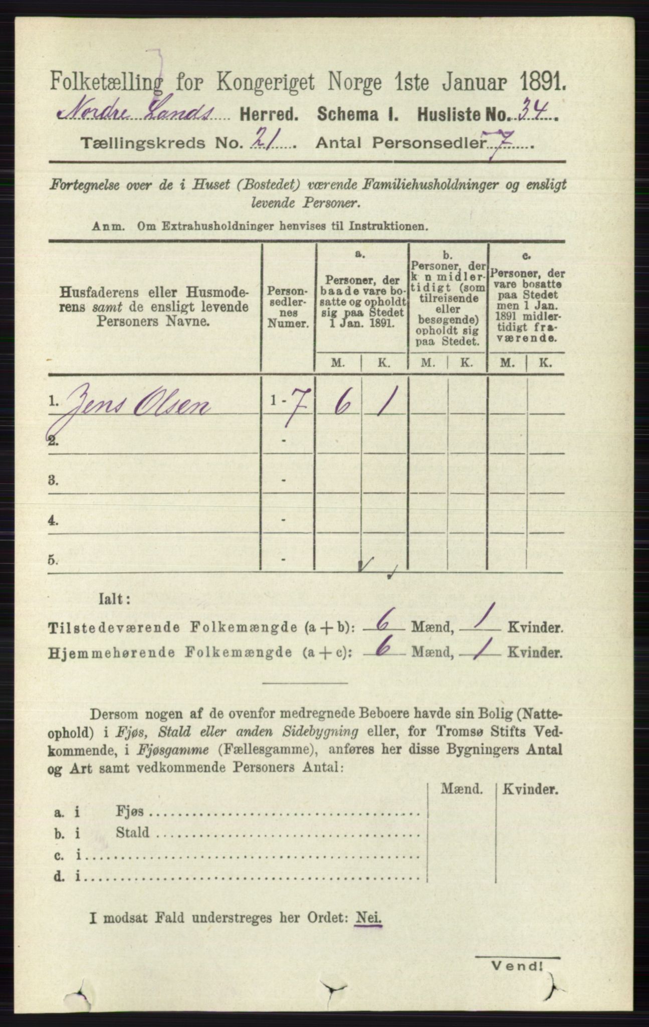 RA, Folketelling 1891 for 0538 Nordre Land herred, 1891, s. 5254