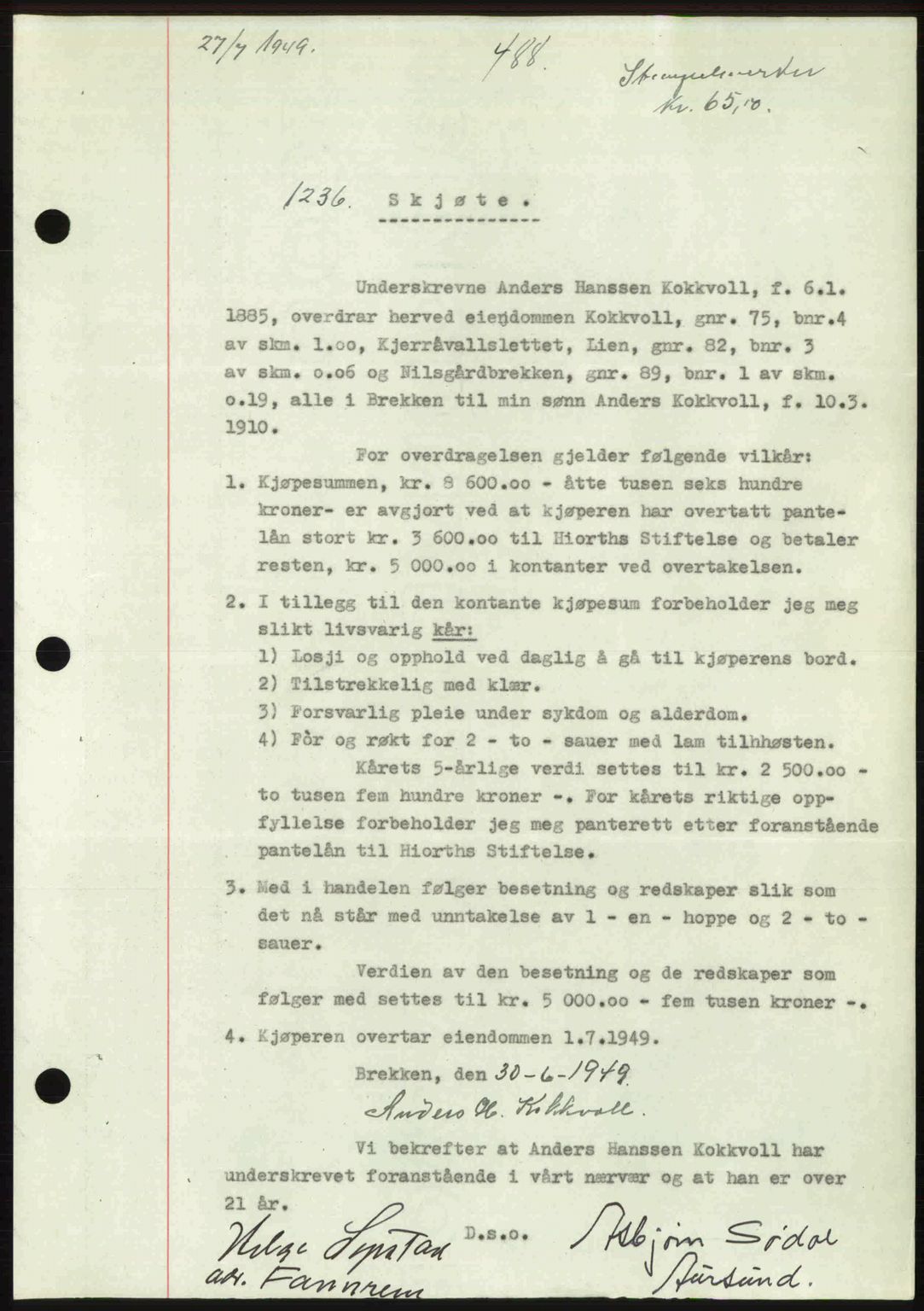 Gauldal sorenskriveri, SAT/A-0014/1/2/2C: Pantebok nr. A8, 1949-1949, Dagboknr: 1236/1949