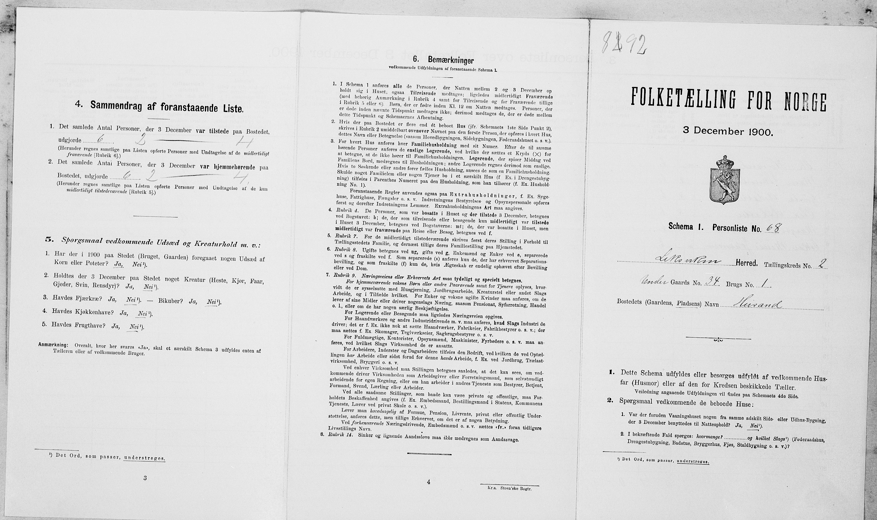 SAT, Folketelling 1900 for 1718 Leksvik herred, 1900, s. 292