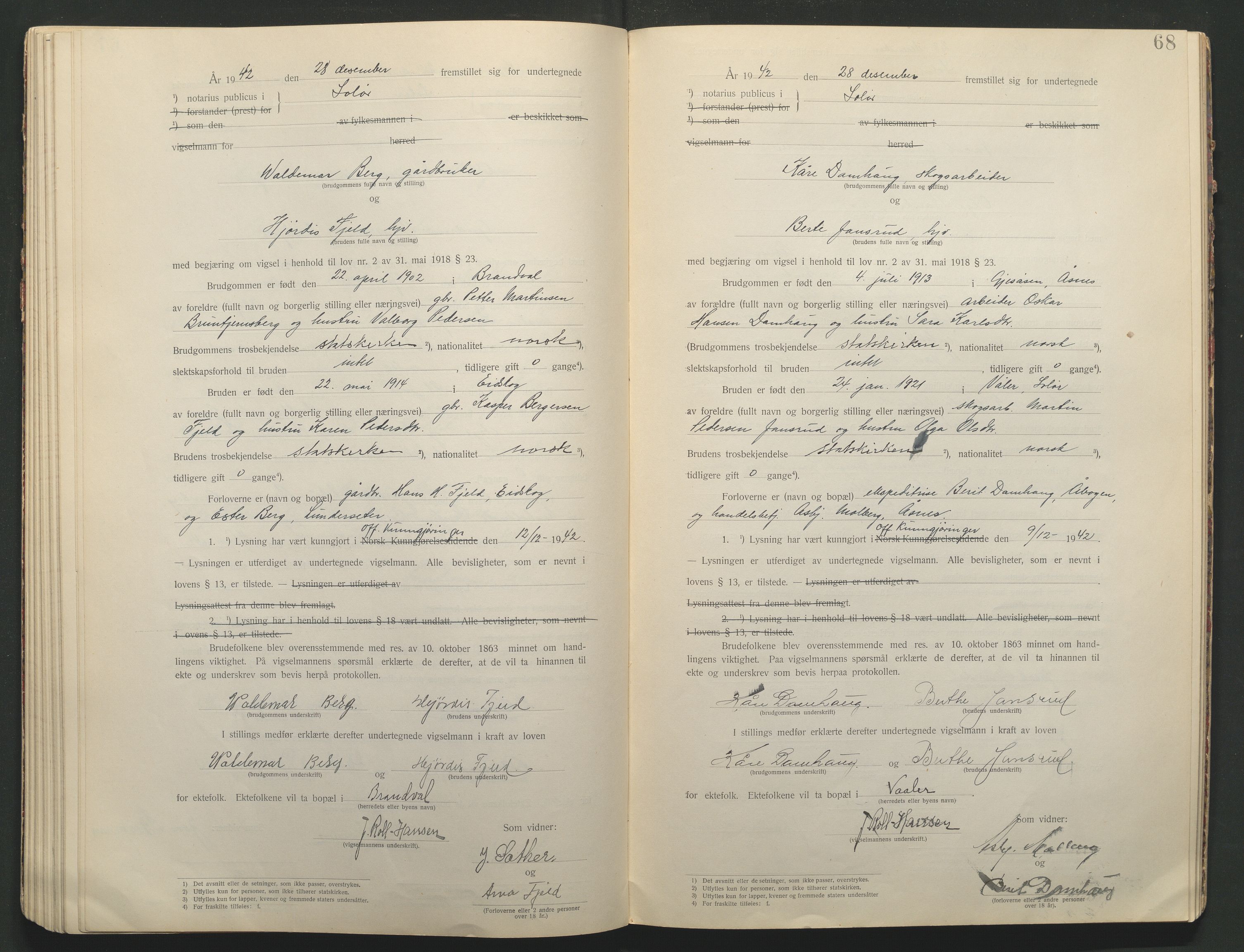 Solør tingrett, AV/SAH-TING-008/L/Lb/L0001: Vigselprotokoll, 1920-1943, s. 68