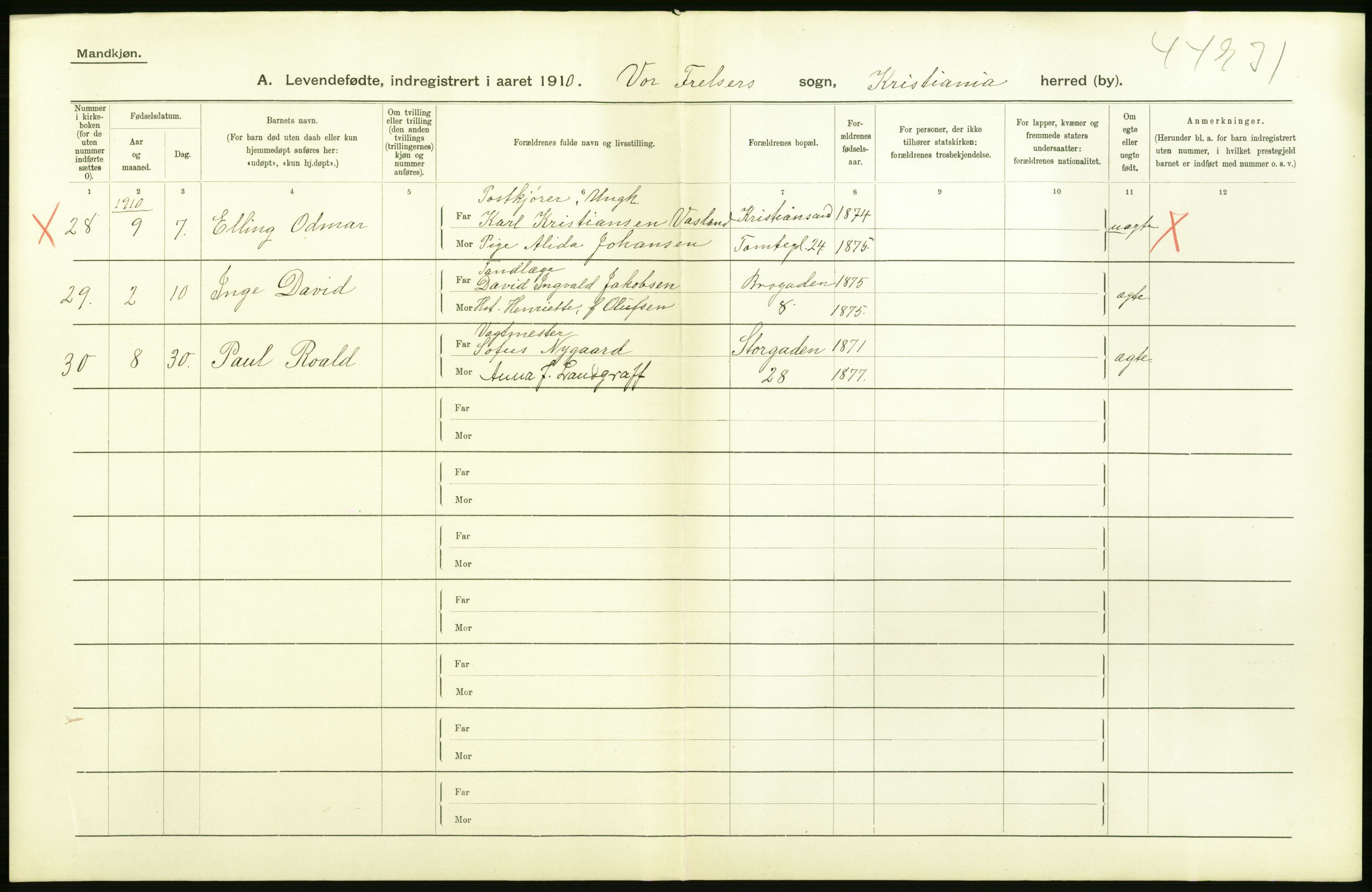 Statistisk sentralbyrå, Sosiodemografiske emner, Befolkning, RA/S-2228/D/Df/Dfa/Dfah/L0006: Kristiania: Levendefødte menn., 1910, s. 198