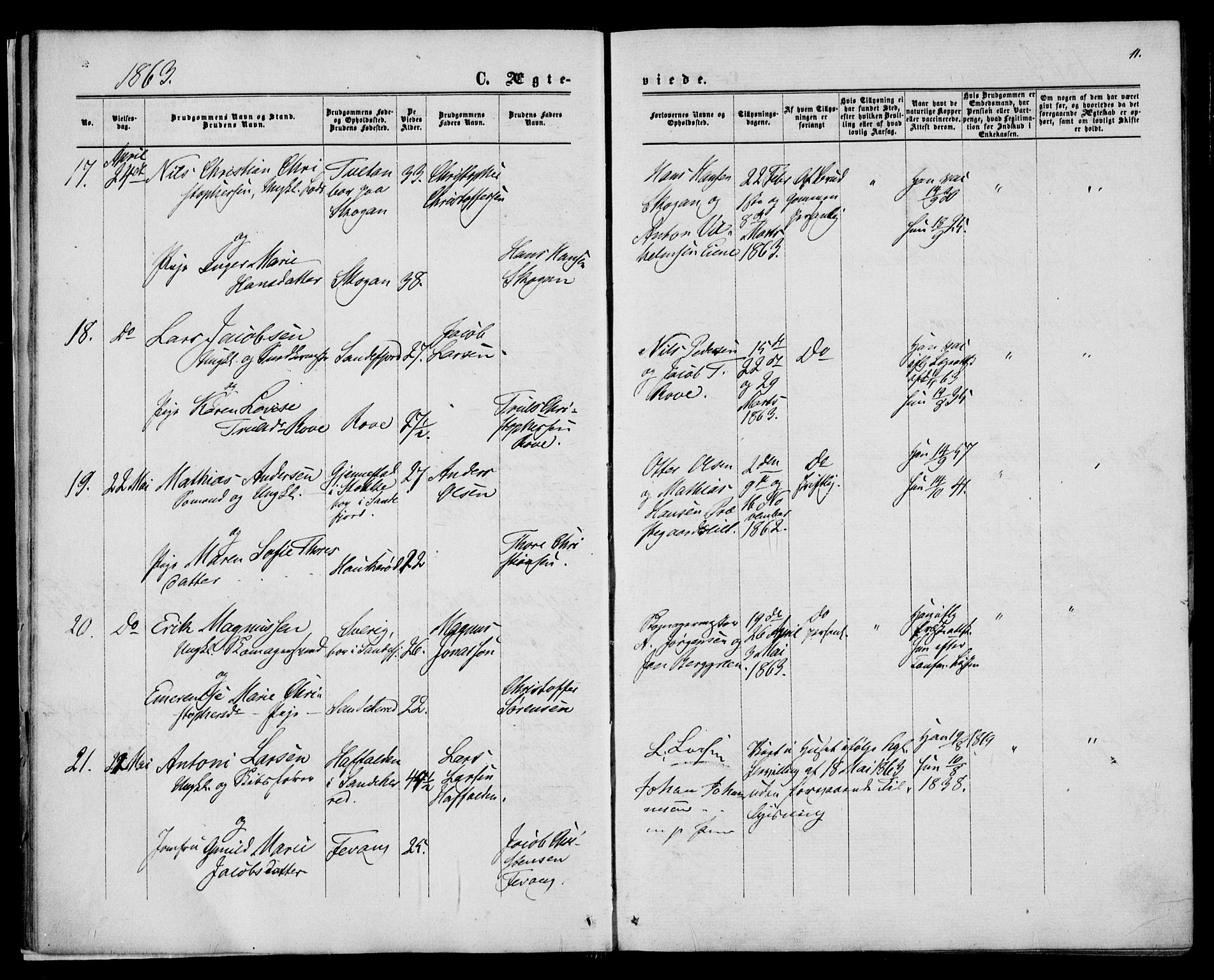 Sandar kirkebøker, AV/SAKO-A-243/F/Fa/L0009: Ministerialbok nr. 9, 1862-1871, s. 11