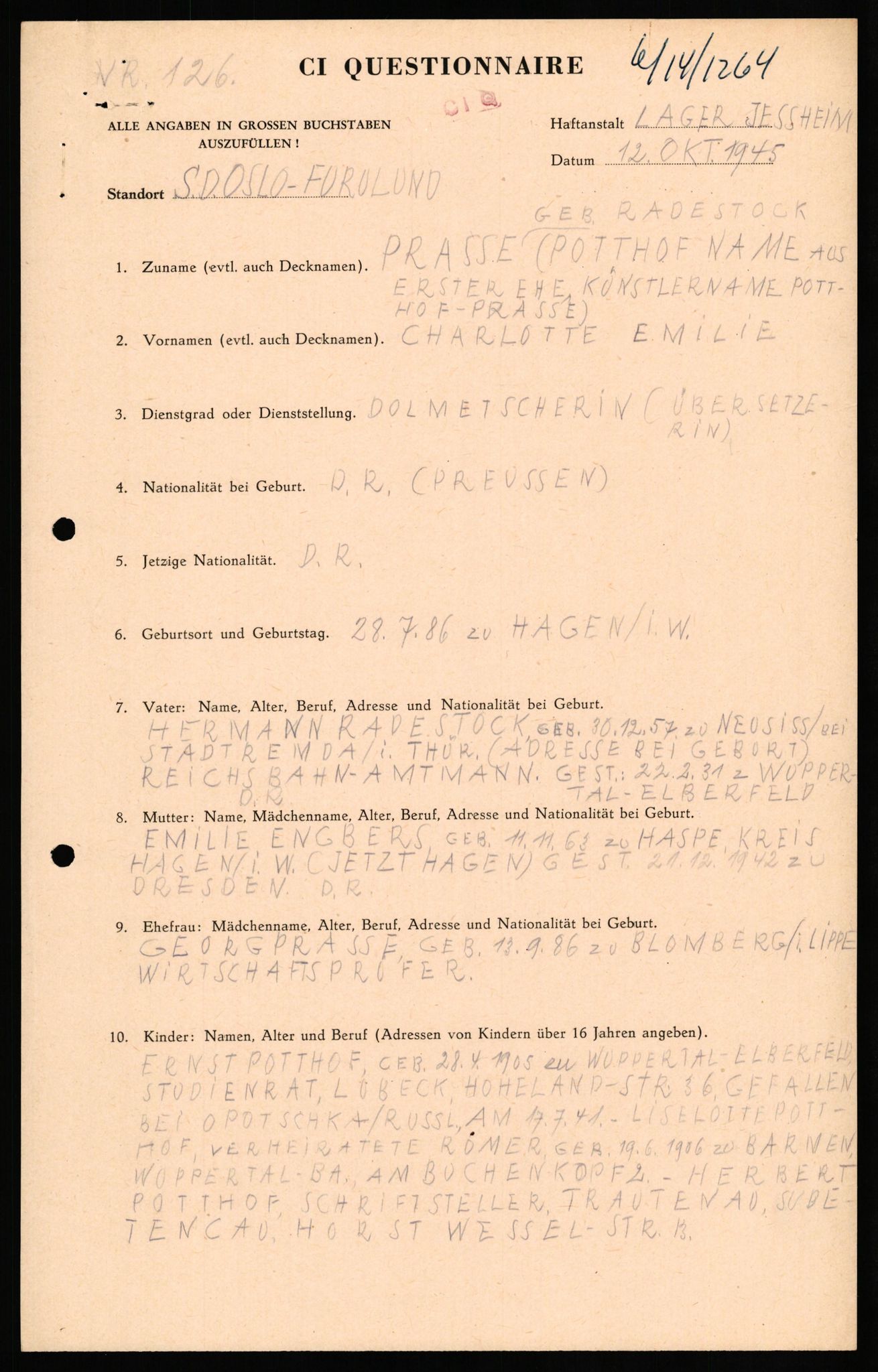 Forsvaret, Forsvarets overkommando II, AV/RA-RAFA-3915/D/Db/L0026: CI Questionaires. Tyske okkupasjonsstyrker i Norge. Tyskere., 1945-1946, s. 299