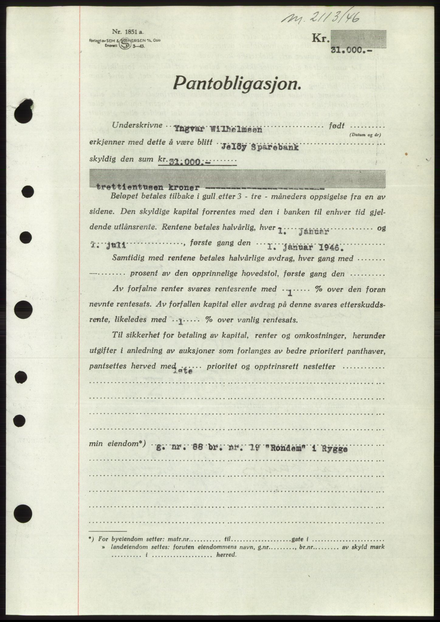 Moss sorenskriveri, SAO/A-10168: Pantebok nr. B15, 1946-1946, Dagboknr: 2113/1946