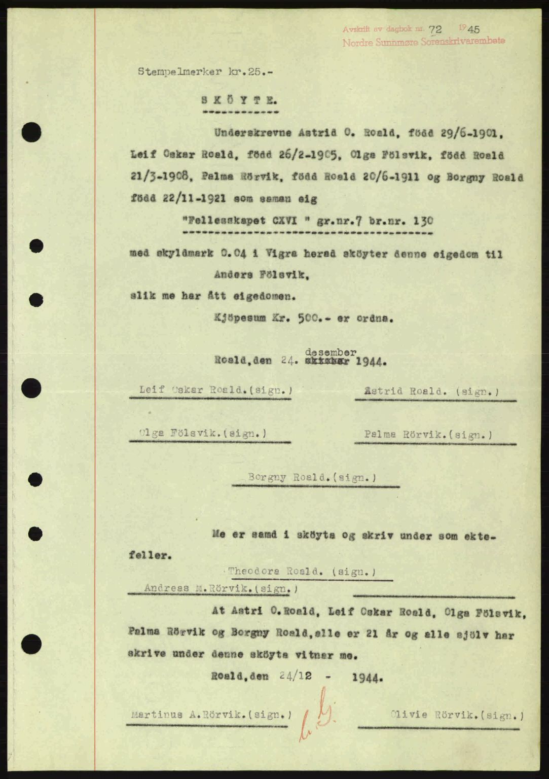 Nordre Sunnmøre sorenskriveri, SAT/A-0006/1/2/2C/2Ca: Pantebok nr. A19, 1944-1945, Dagboknr: 72/1945
