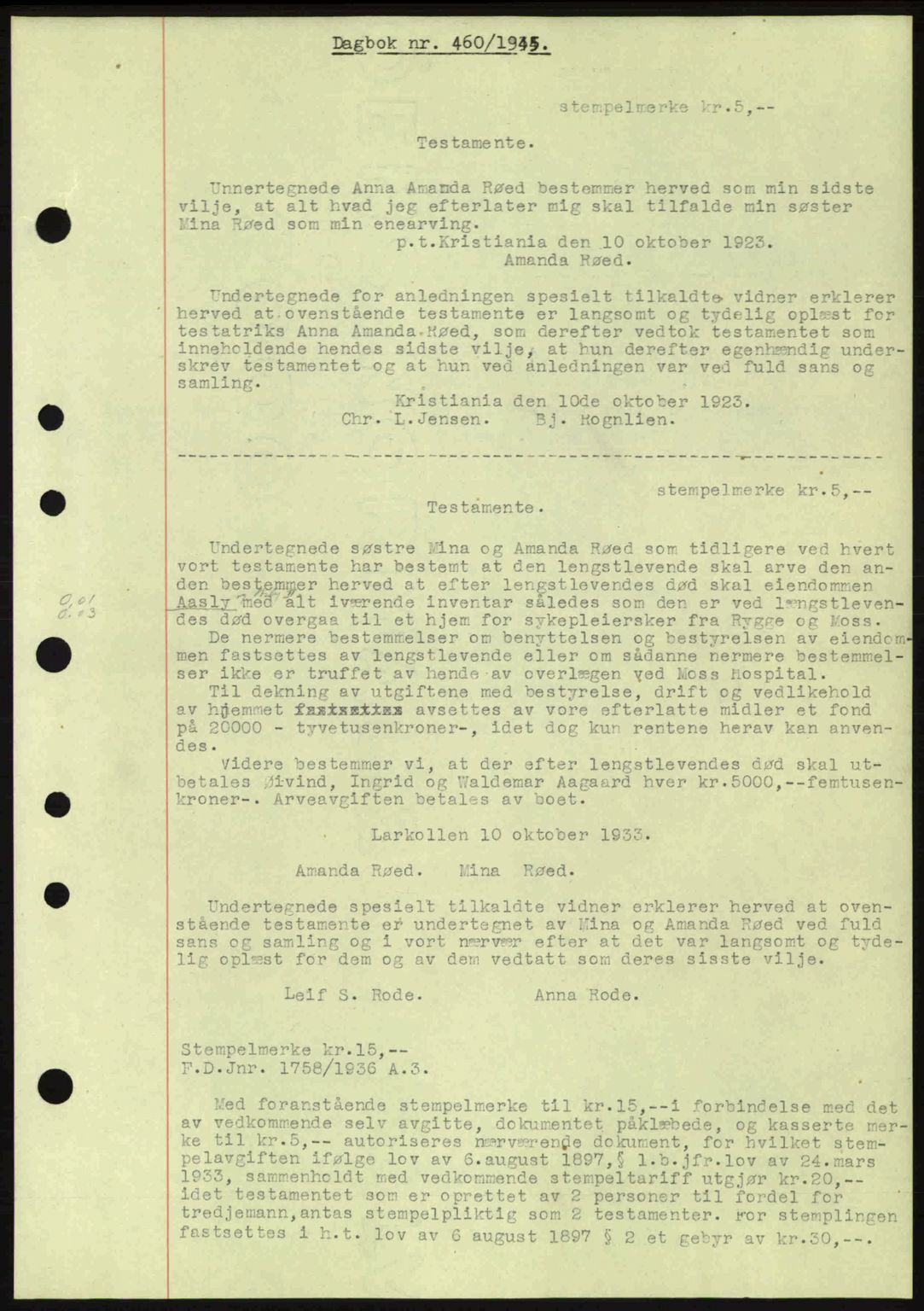 Moss sorenskriveri, SAO/A-10168: Pantebok nr. A13, 1944-1945, Dagboknr: 460/1945