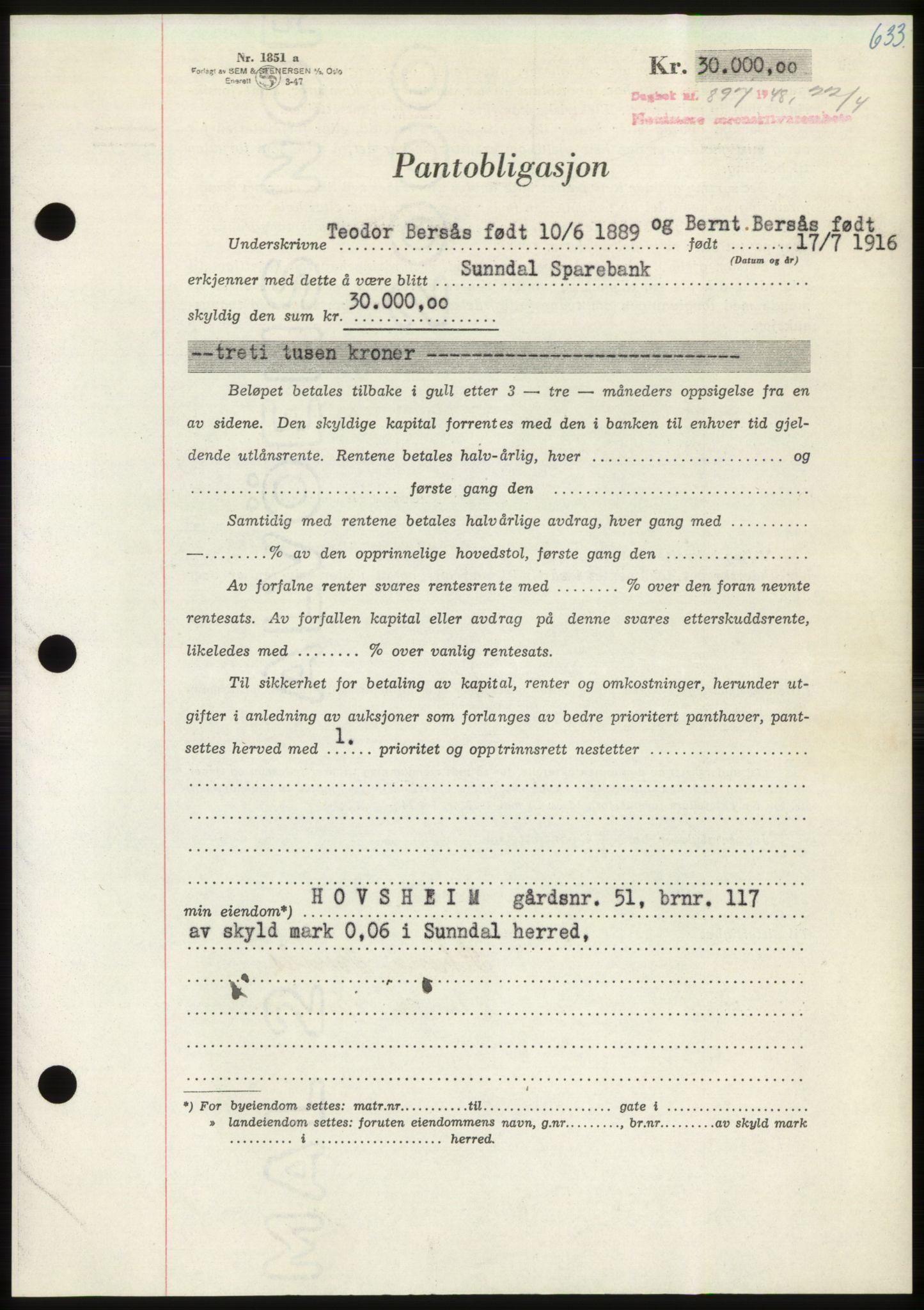 Nordmøre sorenskriveri, SAT/A-4132/1/2/2Ca: Pantebok nr. B98, 1948-1948, Dagboknr: 897/1948