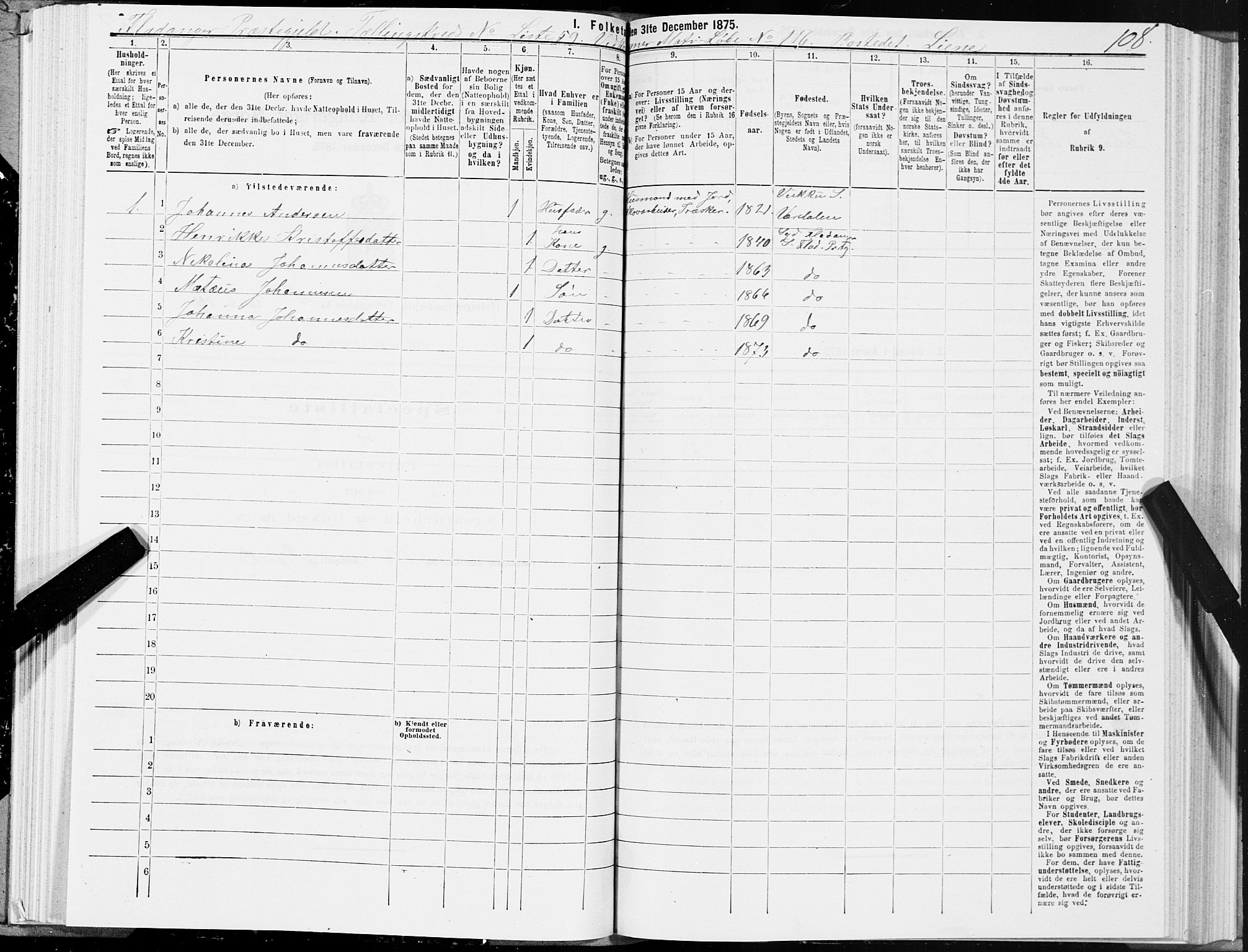 SAT, Folketelling 1875 for 1749P Flatanger prestegjeld, 1875, s. 1108