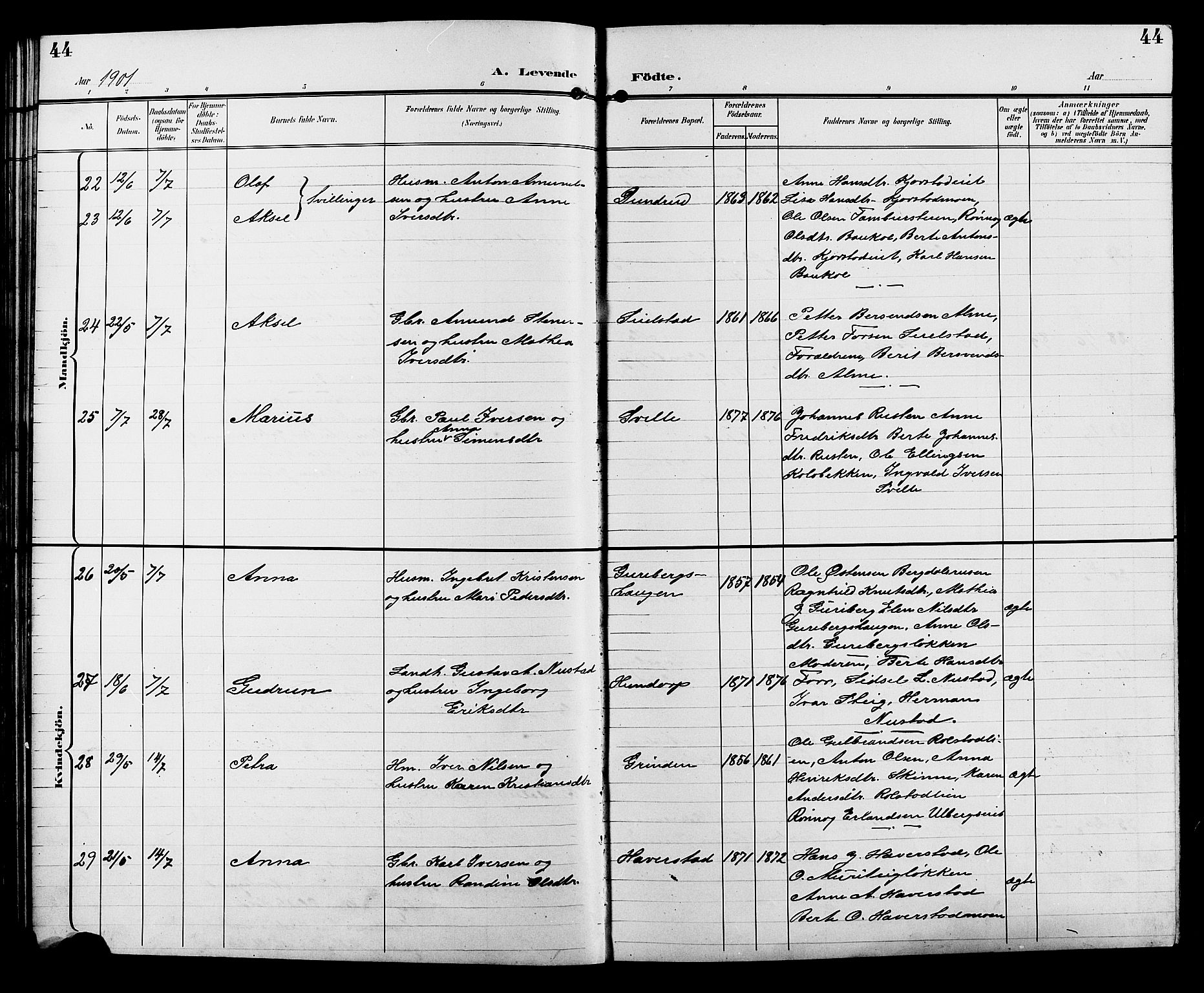 Sør-Fron prestekontor, AV/SAH-PREST-010/H/Ha/Hab/L0004: Klokkerbok nr. 4, 1896-1911, s. 44