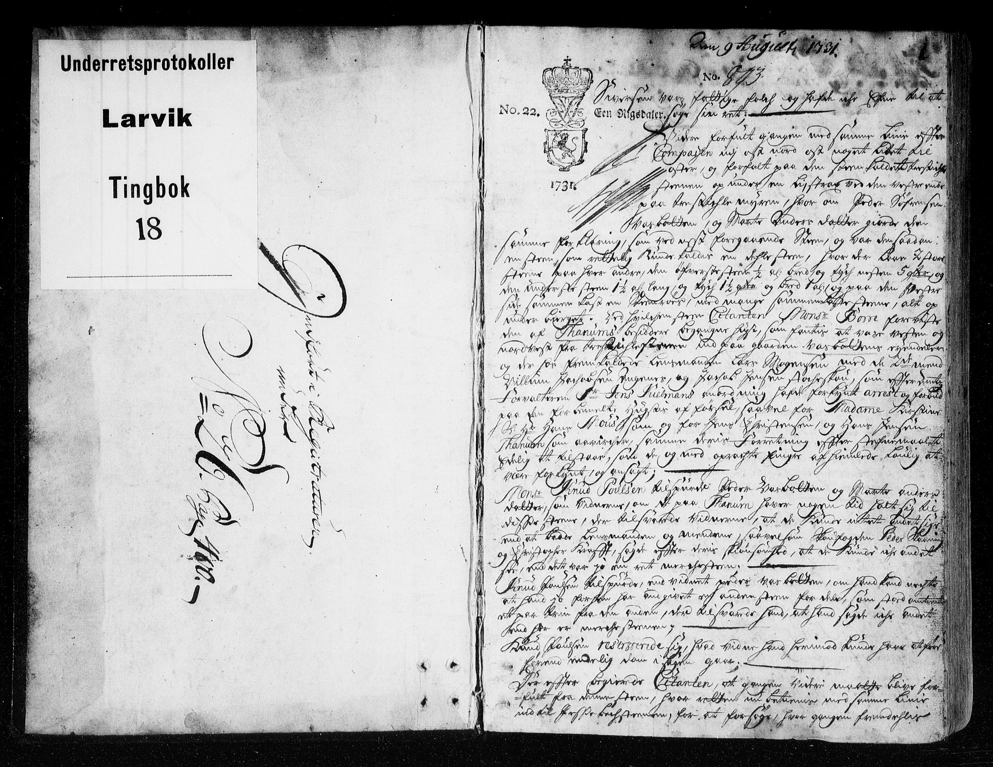 Larvik sorenskriveri, SAKO/A-83/F/Fa/L0018: Tingbok, 1731-1733, s. 1