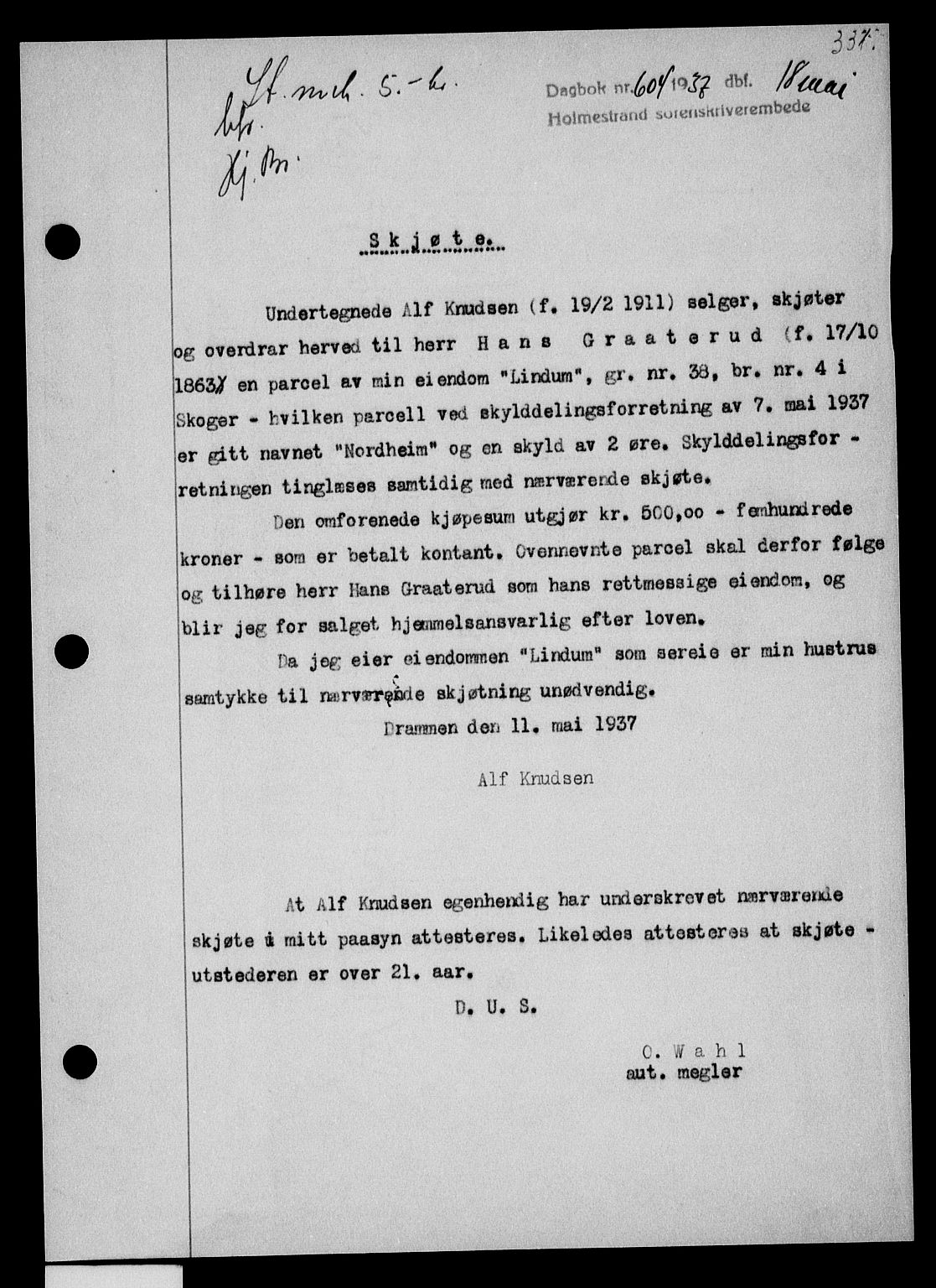 Holmestrand sorenskriveri, SAKO/A-67/G/Ga/Gaa/L0048: Pantebok nr. A-48, 1936-1937, Dagboknr: 604/1937