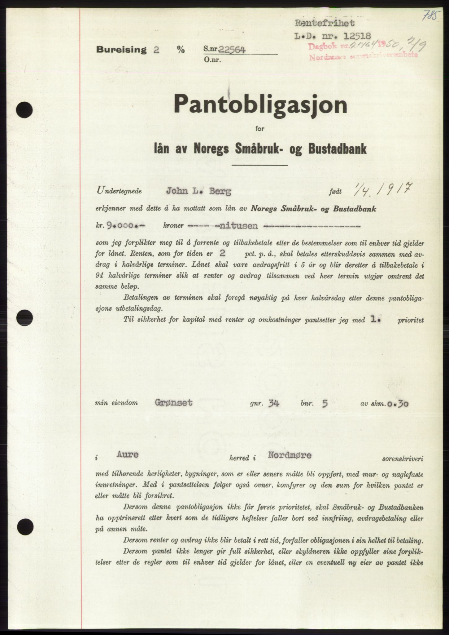 Nordmøre sorenskriveri, AV/SAT-A-4132/1/2/2Ca: Pantebok nr. B105, 1950-1950, Dagboknr: 2764/1950