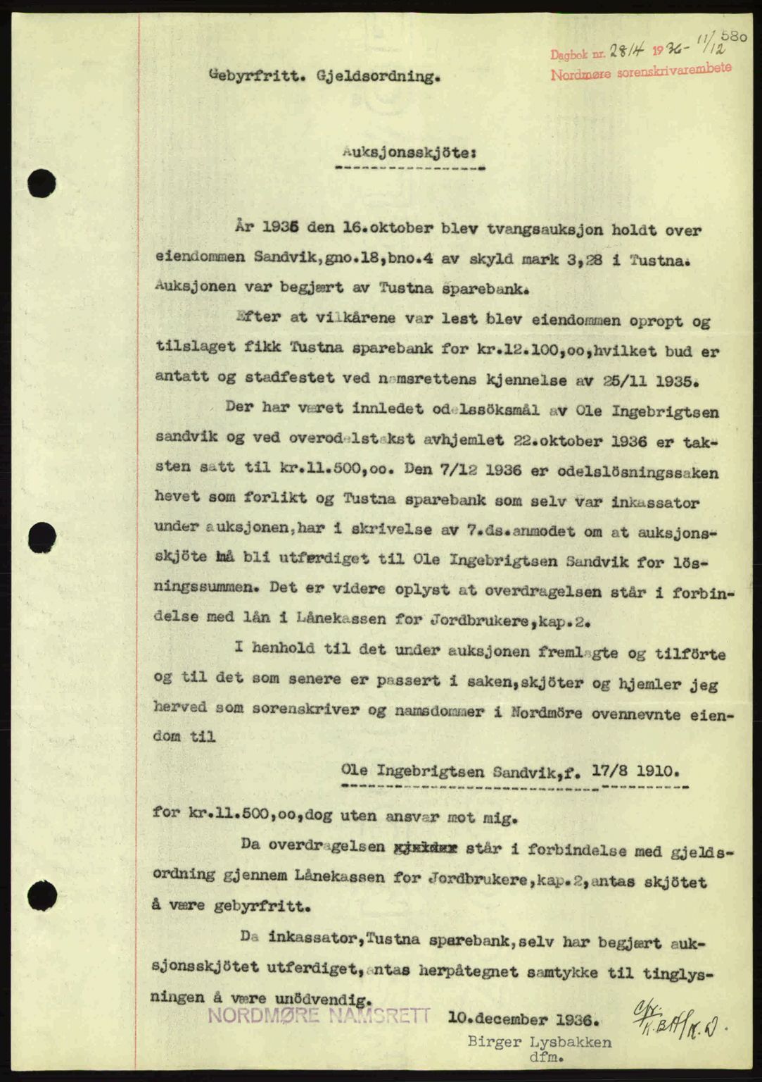 Nordmøre sorenskriveri, SAT/A-4132/1/2/2Ca: Pantebok nr. A80, 1936-1937, Dagboknr: 2814/1936