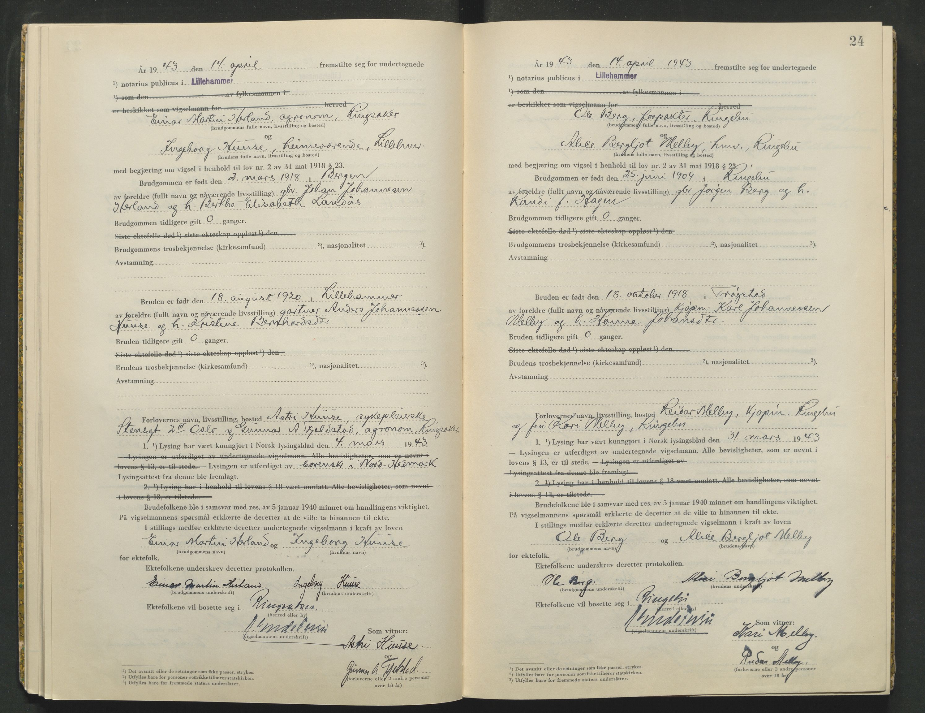 Sør-Gudbrandsdal tingrett, AV/SAH-TING-004/L/Lc/L0003: Vigselsprotokoll, 1943, s. 24