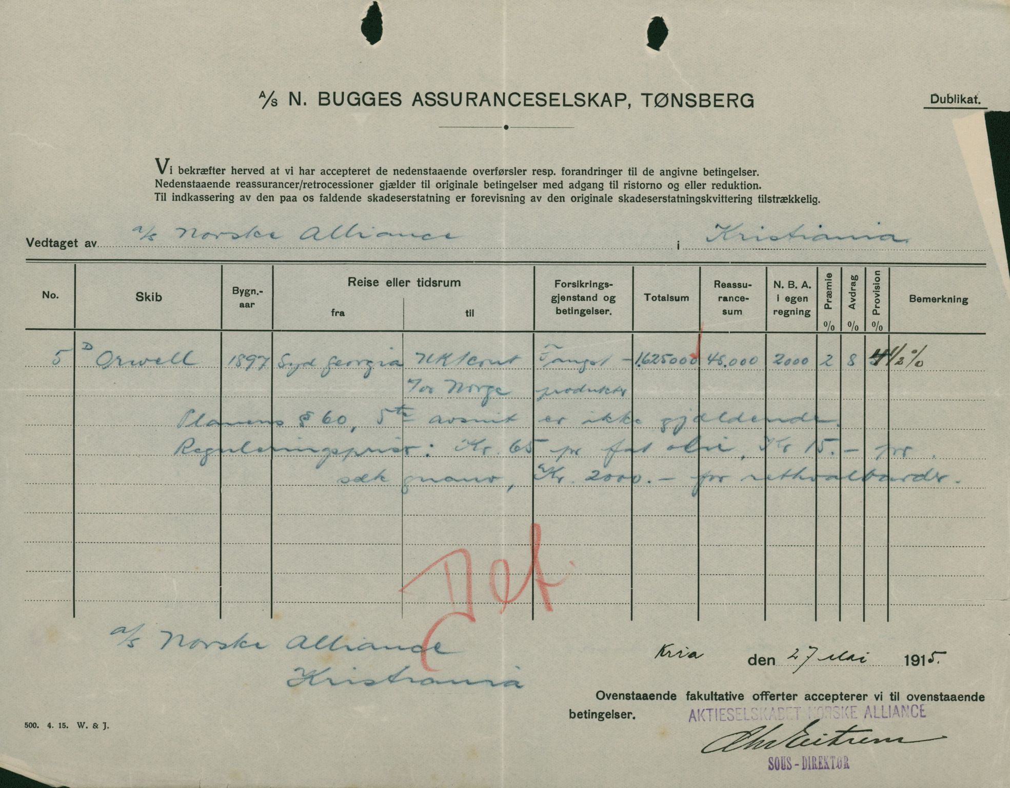 Pa 664 - Tønsberg Sjøforsikringsselskap, VEMU/A-1773/F/L0001: Forsikringspoliser, 1915-1918