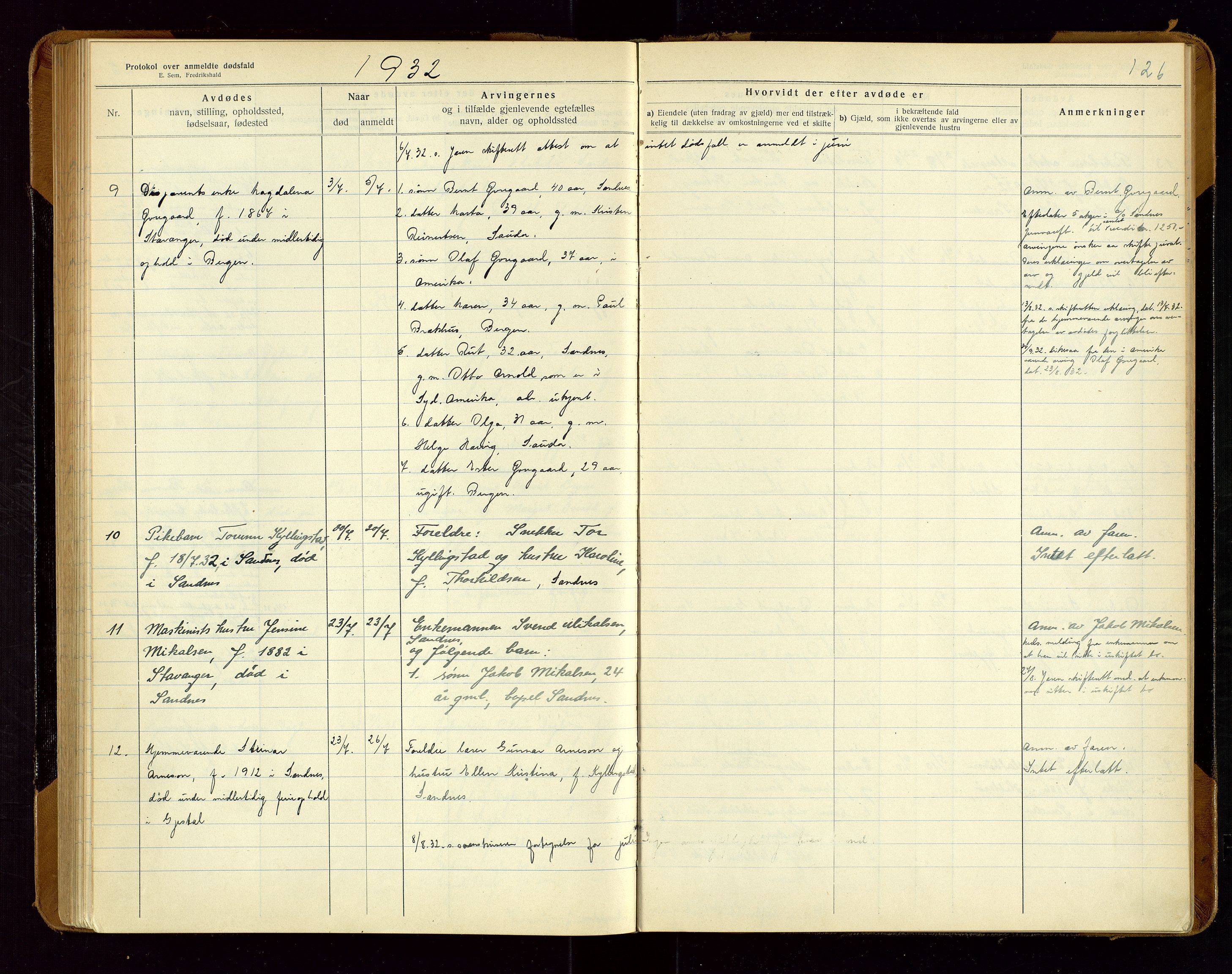 Sandnes lensmannskontor, SAST/A-100167/Gga/L0001: "Protokol over anmeldte dødsfald" m/register, 1918-1940, s. 126