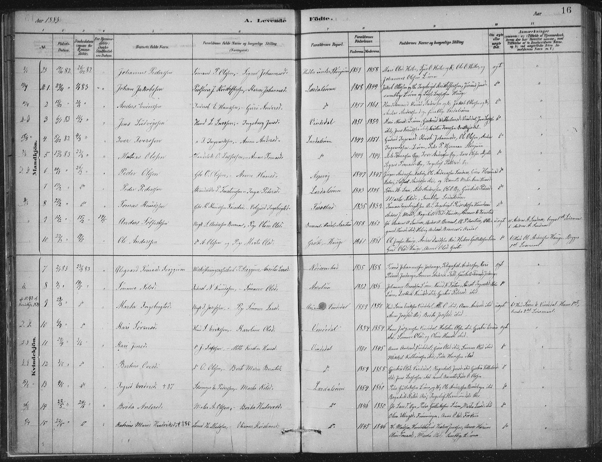 Lærdal sokneprestembete, AV/SAB-A-81201: Ministerialbok nr. D  1, 1878-1908, s. 16