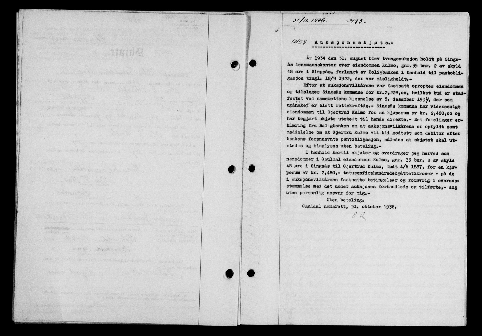 Gauldal sorenskriveri, SAT/A-0014/1/2/2C/L0046: Pantebok nr. 49-50, 1936-1937, Dagboknr: 1458/1936