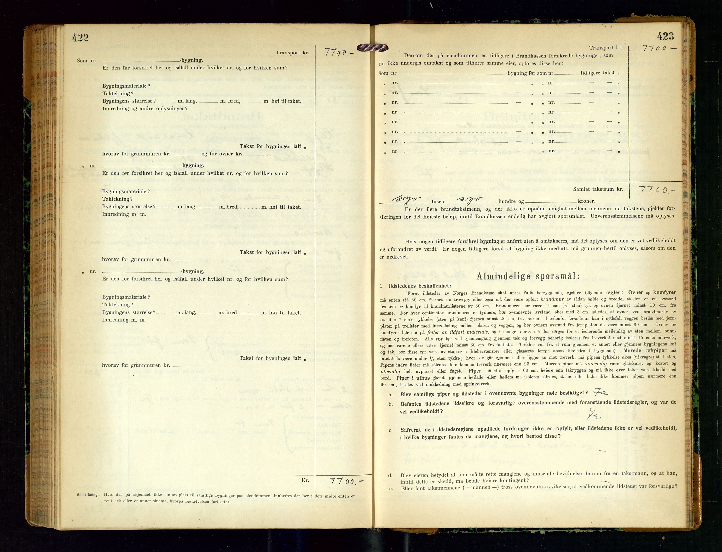 Klepp lensmannskontor, SAST/A-100163/Goc/L0011: "Brandtakstprotokoll" m/register, 1924-1929, s. 422-423