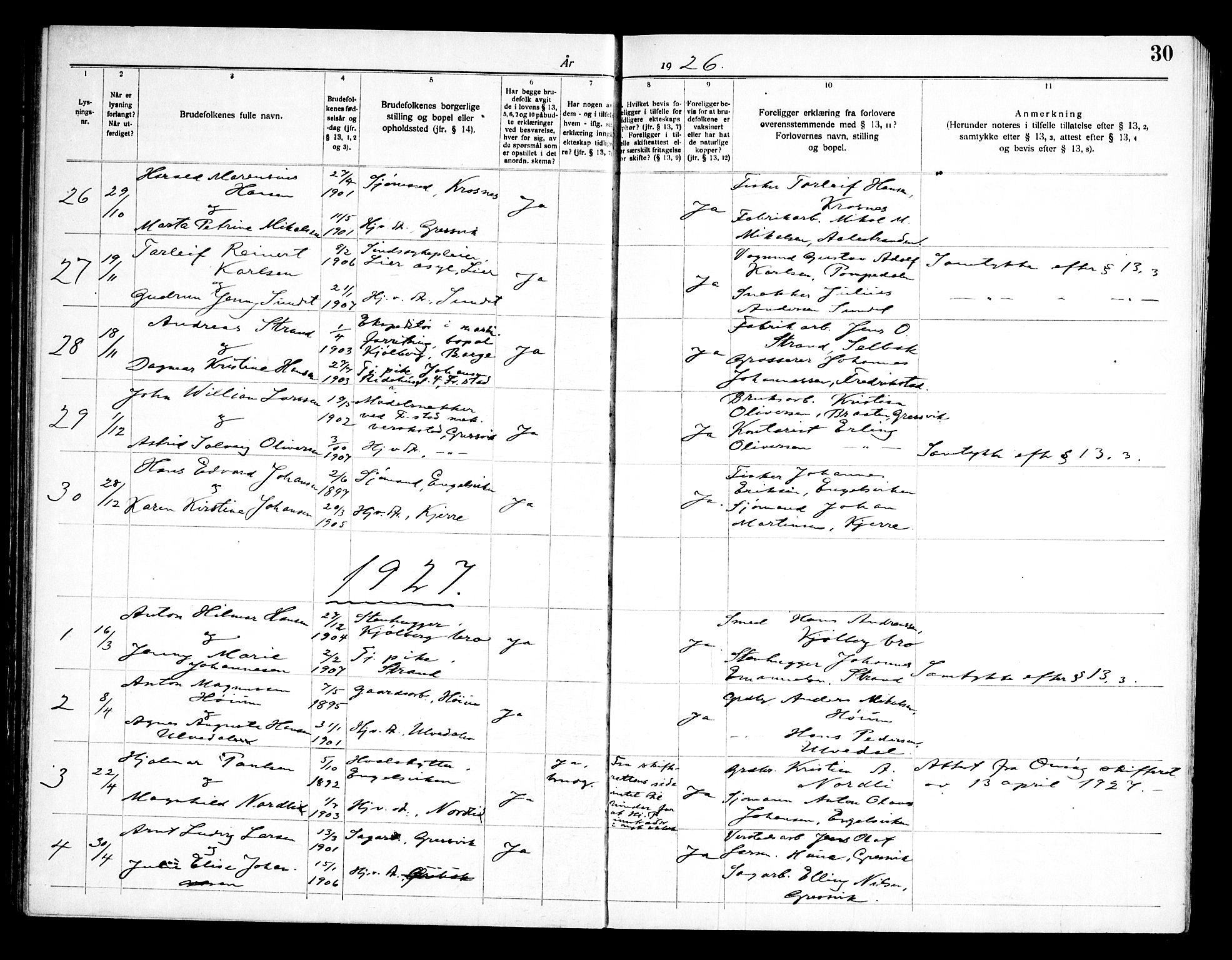 Onsøy prestekontor Kirkebøker, AV/SAO-A-10914/H/Ha/L0001: Lysningsprotokoll nr. I 1, 1919-1956, s. 30