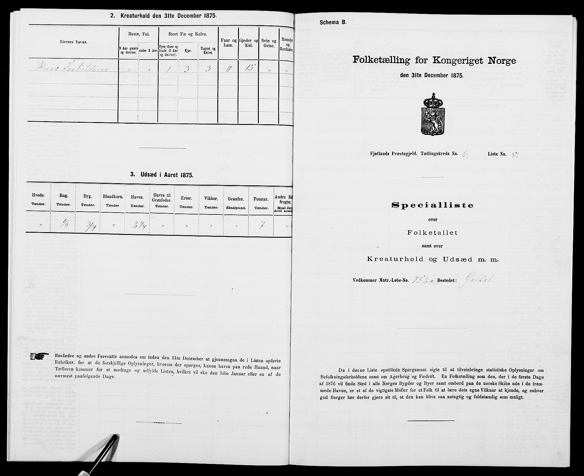 SAK, Folketelling 1875 for 1036P Fjotland prestegjeld, 1875, s. 365