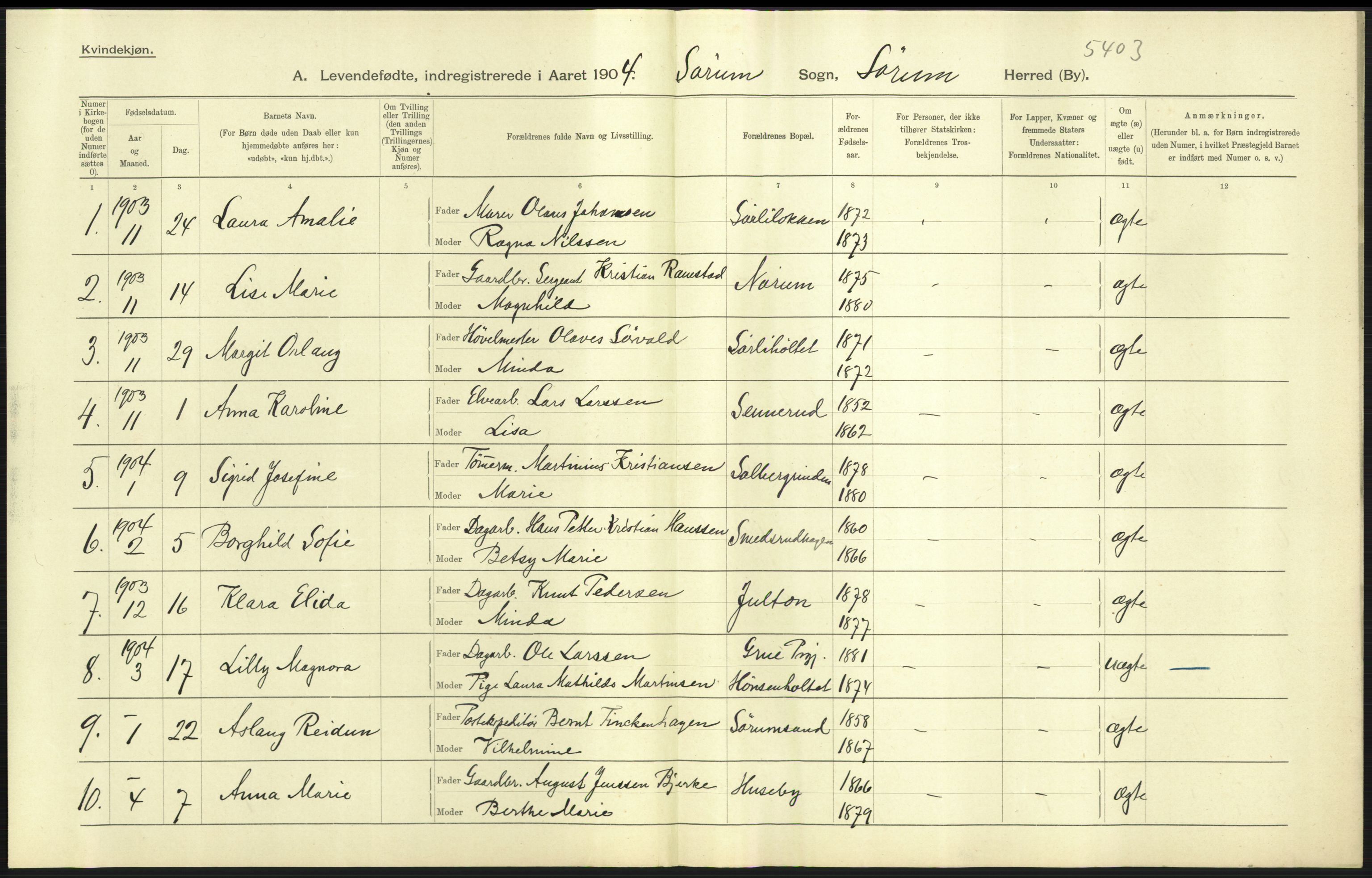 Statistisk sentralbyrå, Sosiodemografiske emner, Befolkning, AV/RA-S-2228/D/Df/Dfa/Dfab/L0002: Akershus amt: Fødte, gifte, døde, 1904, s. 71