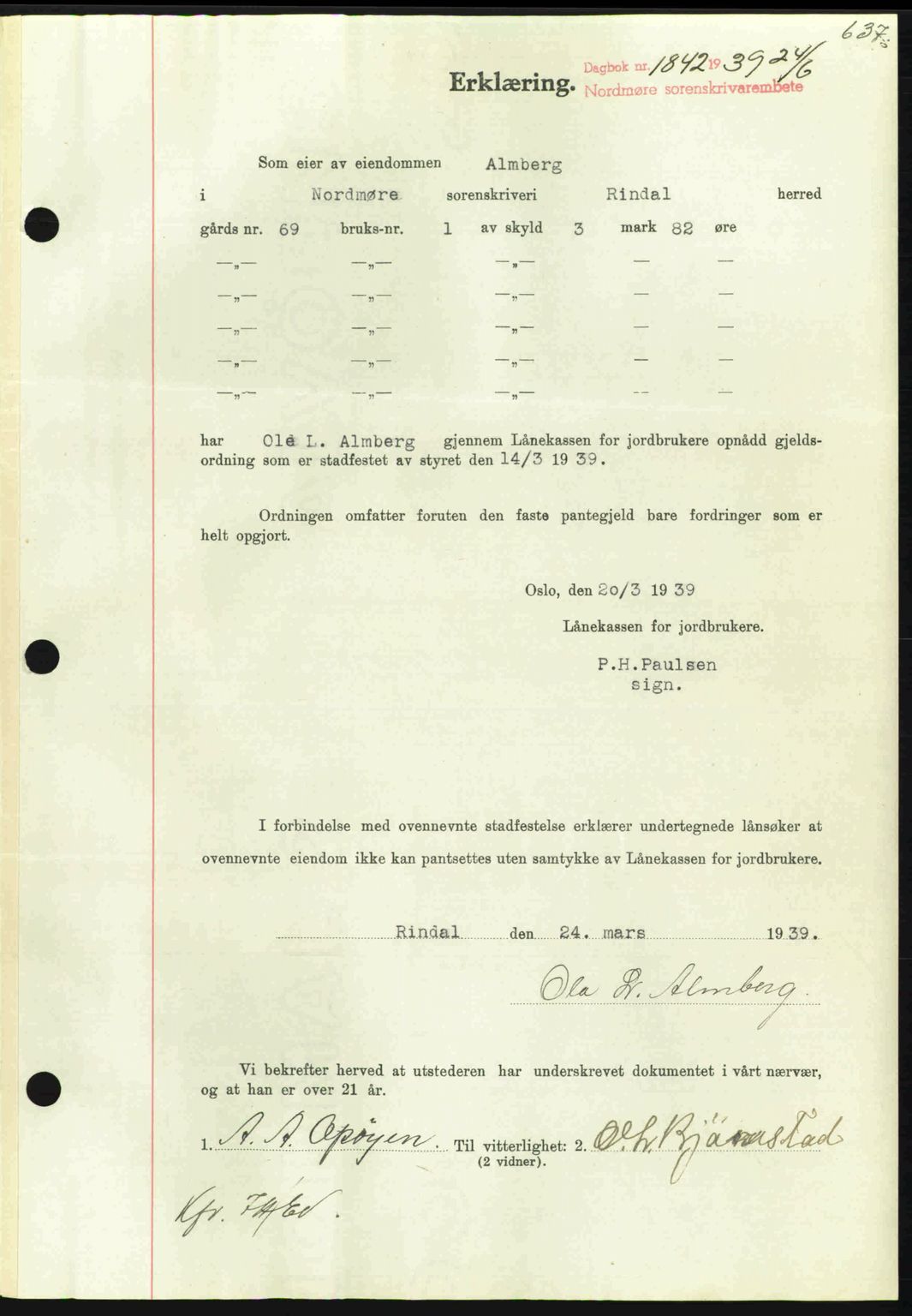 Nordmøre sorenskriveri, SAT/A-4132/1/2/2Ca: Pantebok nr. B85, 1939-1939, Dagboknr: 1842/1939