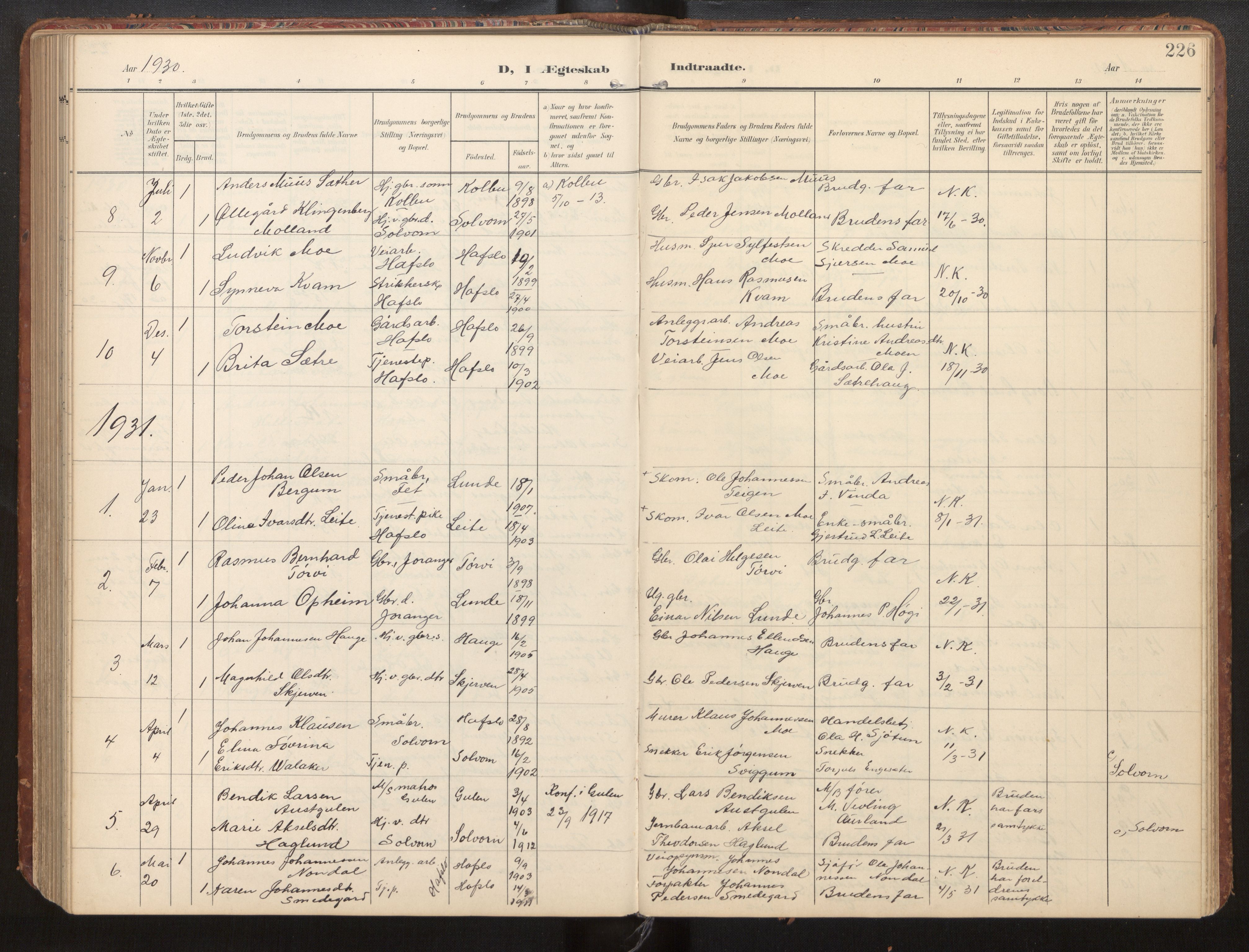Hafslo sokneprestembete, AV/SAB-A-80301/H/Hab/Habb/L0002: Klokkerbok nr. B 2, 1909-1947, s. 226