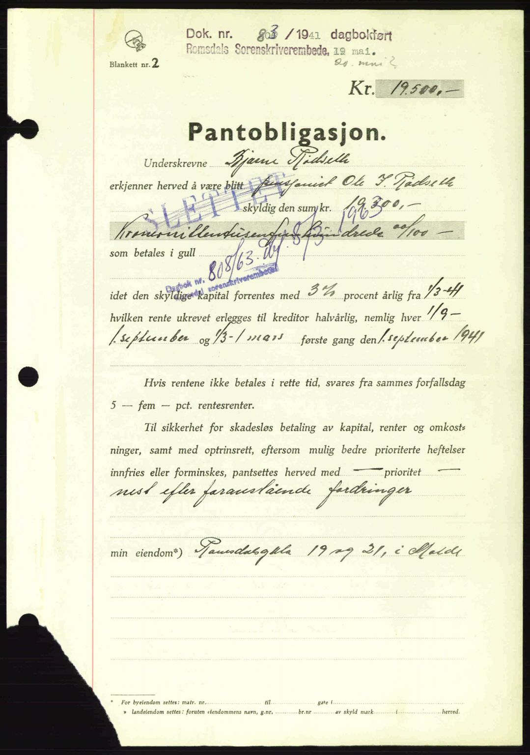 Romsdal sorenskriveri, SAT/A-4149/1/2/2C: Pantebok nr. B2, 1939-1945, Dagboknr: 803/1941