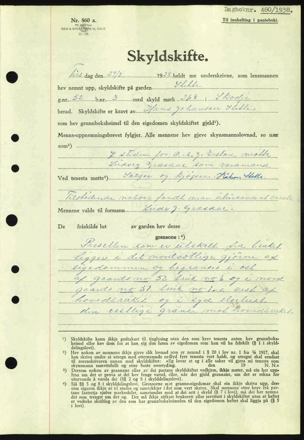 Nordre Sunnmøre sorenskriveri, AV/SAT-A-0006/1/2/2C/2Ca: Pantebok nr. A4, 1937-1938, Dagboknr: 480/1938