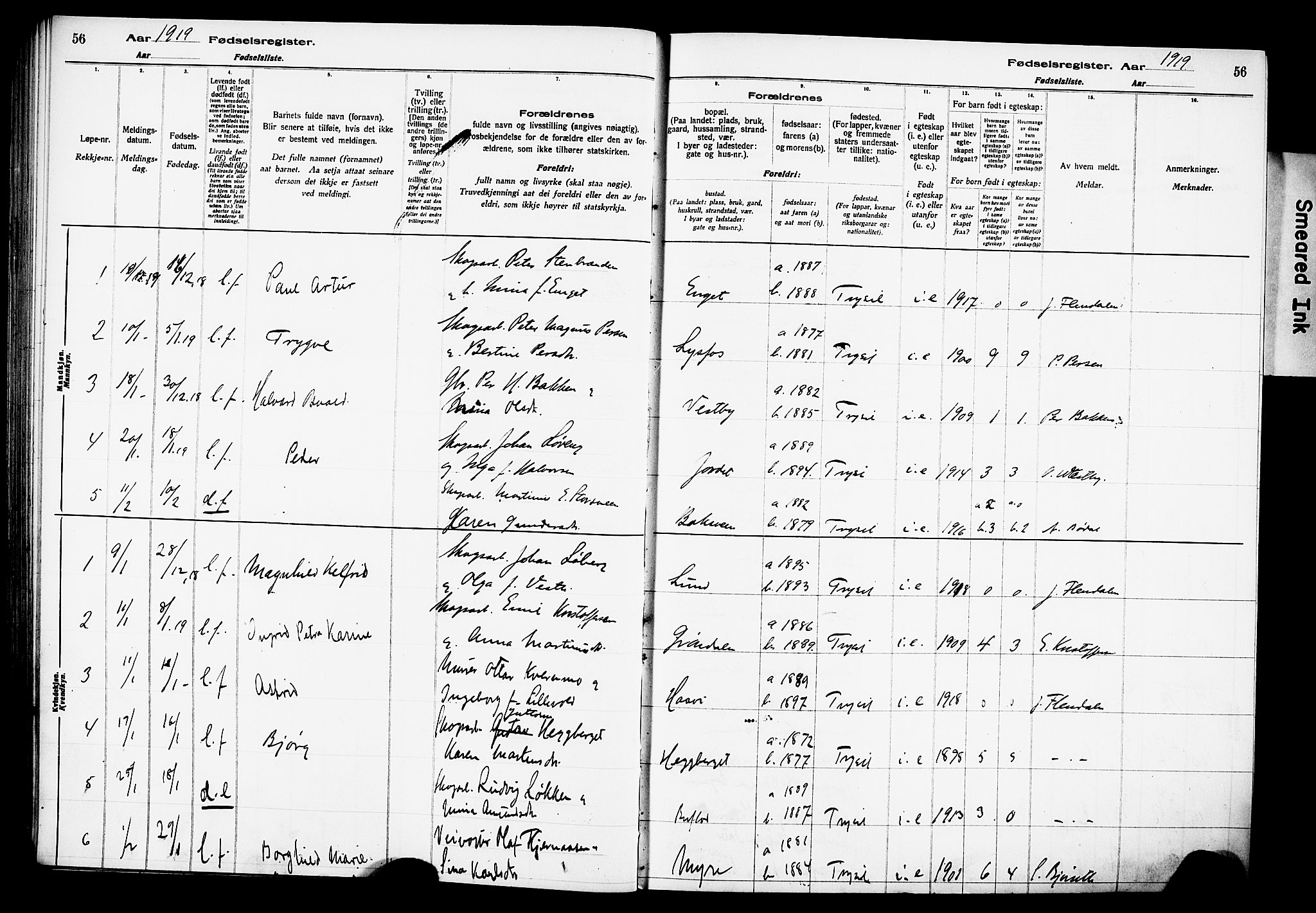 Trysil prestekontor, AV/SAH-PREST-046/I/Id/Ida/L0001: Fødselsregister nr. I 1, 1916-1927, s. 56