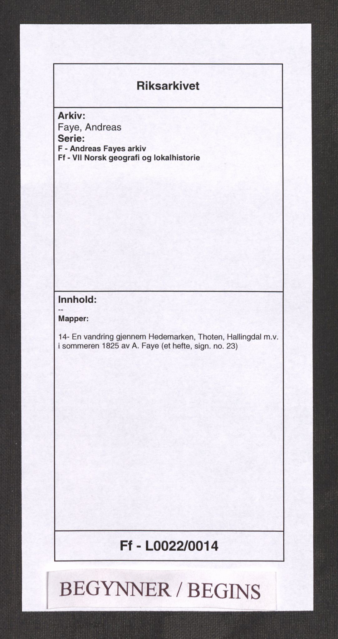 Faye, Andreas, AV/RA-PA-0015/F/Ff/L0022/0014: -- / En vandring gjennem Hedemarken, Thoten, Hallingdal m.v. i sommeren 1825 av A. Faye (et hefte, sign. no. 23), 1825