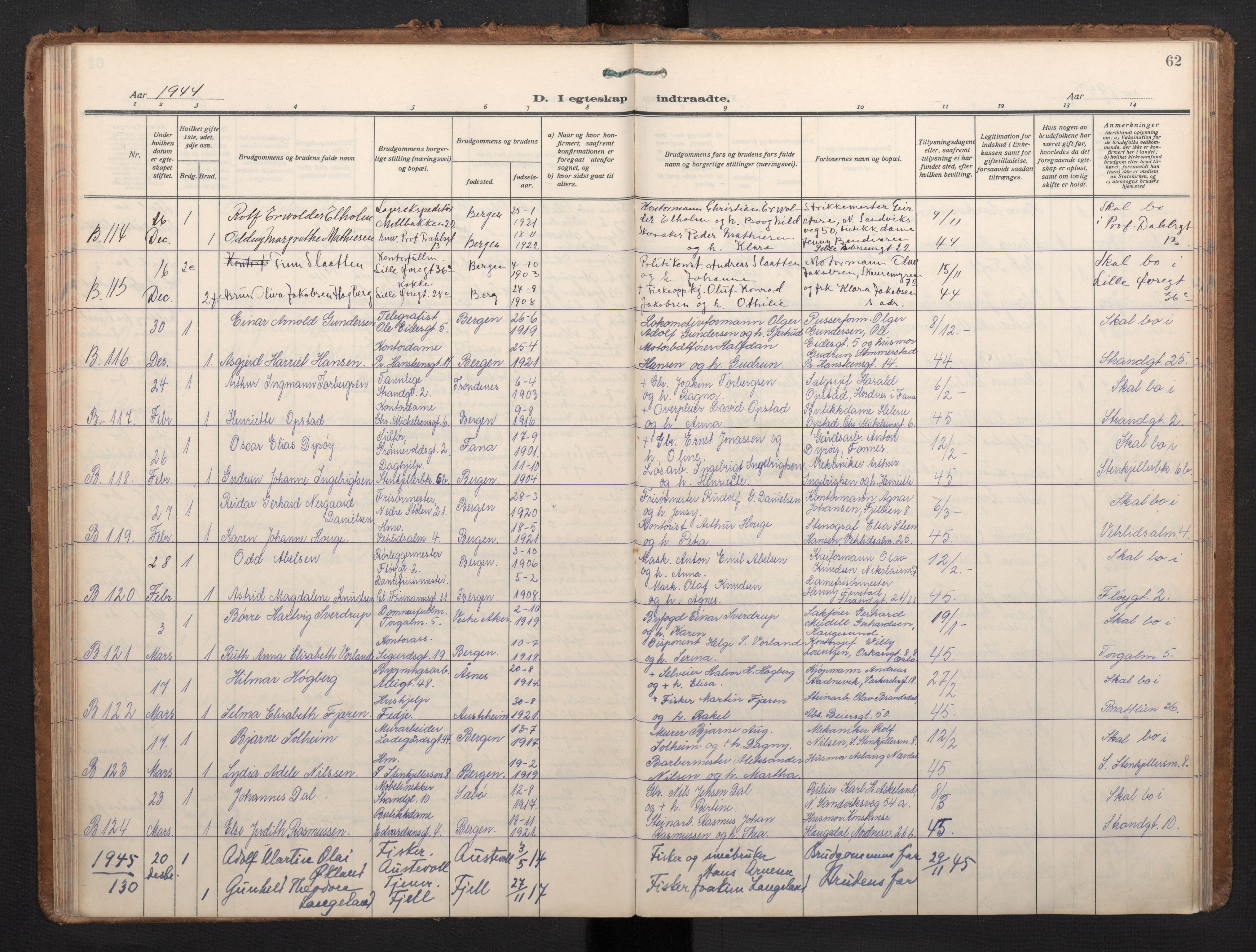 Korskirken sokneprestembete, AV/SAB-A-76101/H/Haa/L0040: Ministerialbok nr. D 7, 1938-1952, s. 61b-62a