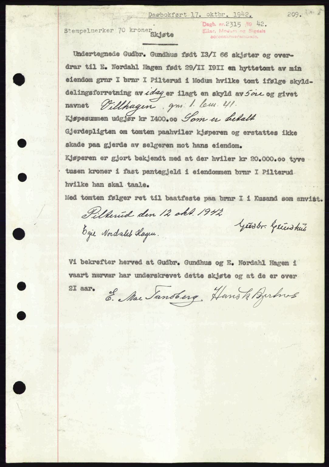 Eiker, Modum og Sigdal sorenskriveri, SAKO/A-123/G/Ga/Gab/L0047: Pantebok nr. A17, 1942-1943, Dagboknr: 2315/1942