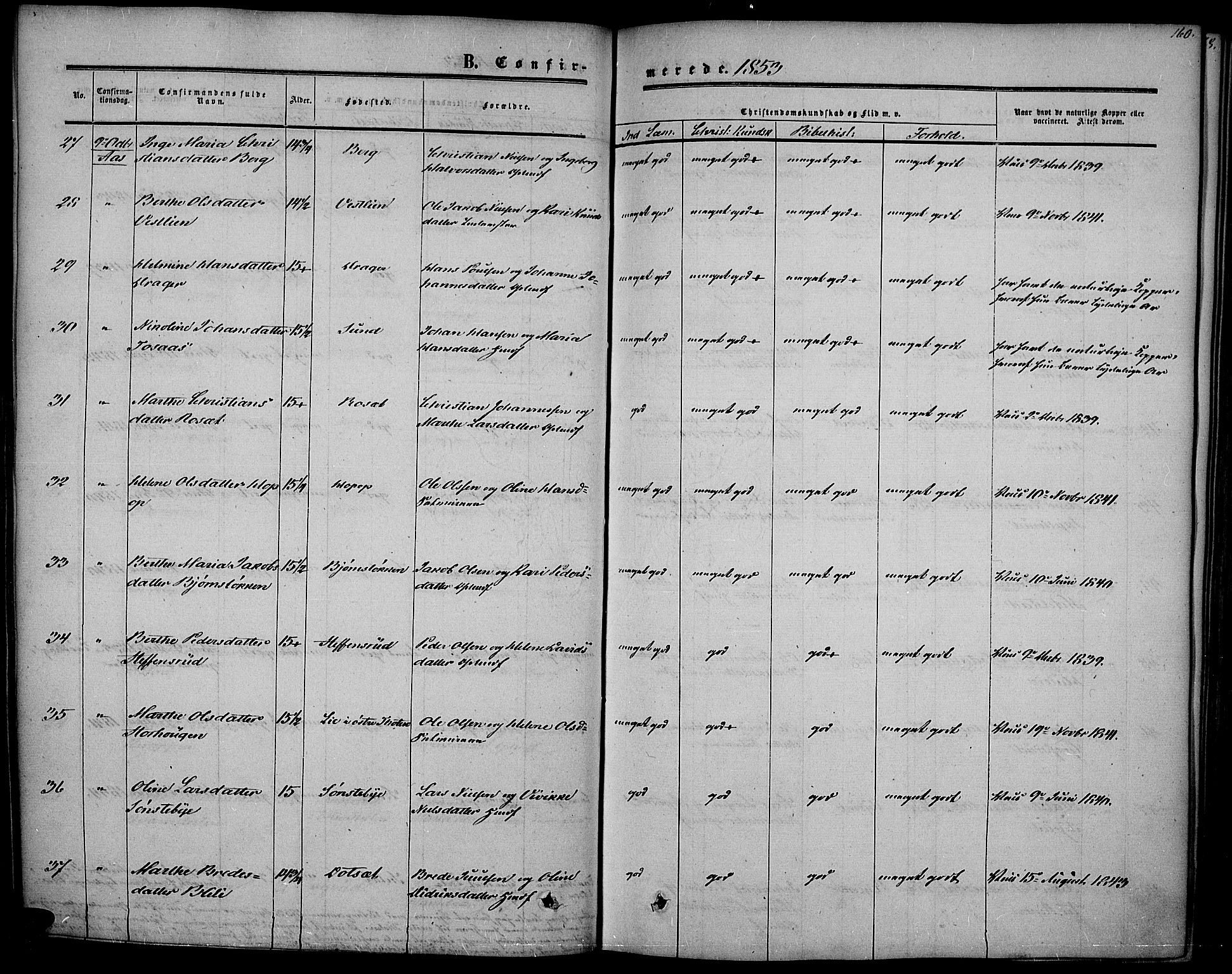 Vestre Toten prestekontor, SAH/PREST-108/H/Ha/Haa/L0005: Ministerialbok nr. 5, 1850-1855, s. 160
