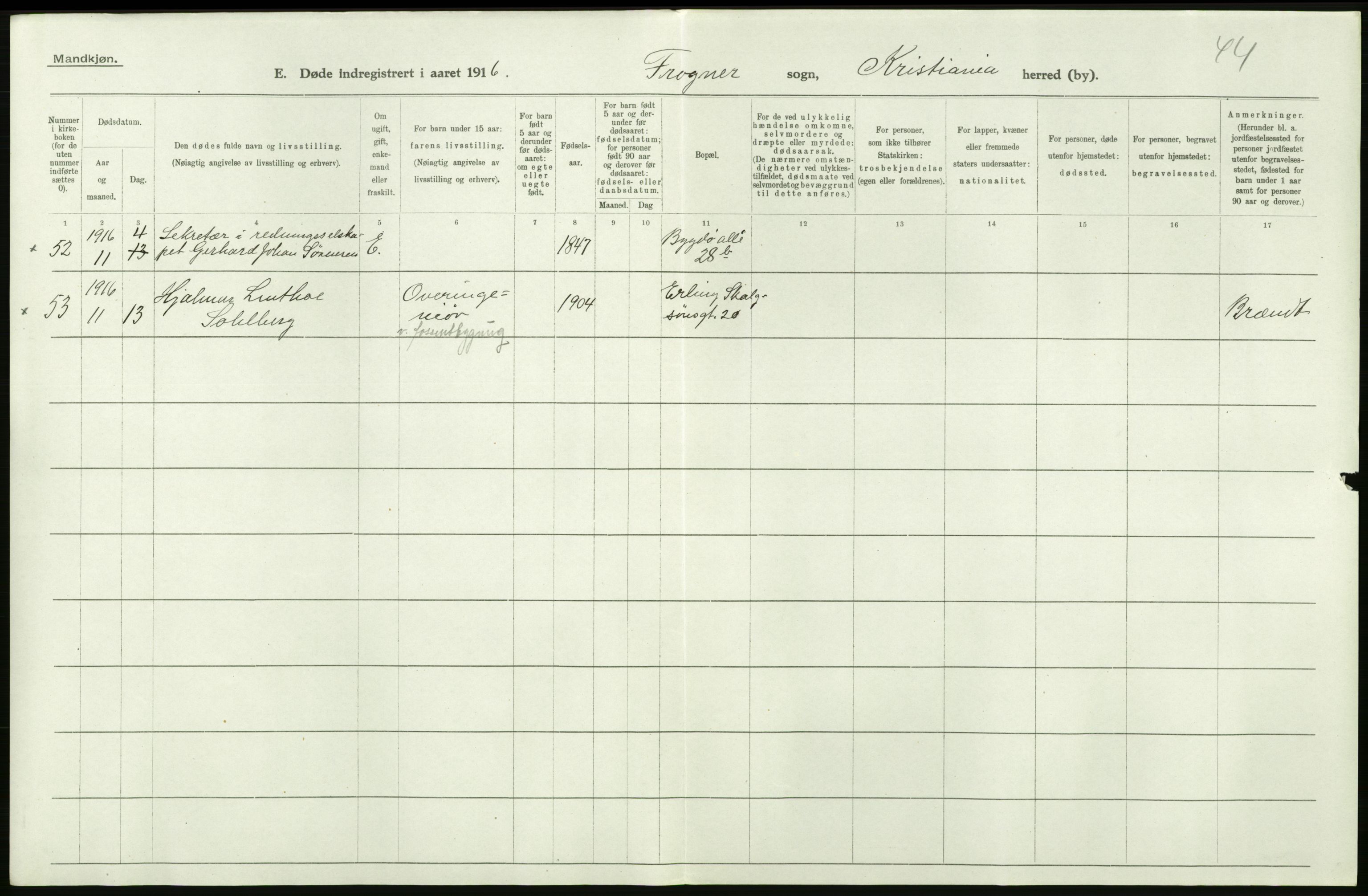 Statistisk sentralbyrå, Sosiodemografiske emner, Befolkning, AV/RA-S-2228/D/Df/Dfb/Dfbf/L0010: Kristiania: Døde, dødfødte., 1916, s. 436