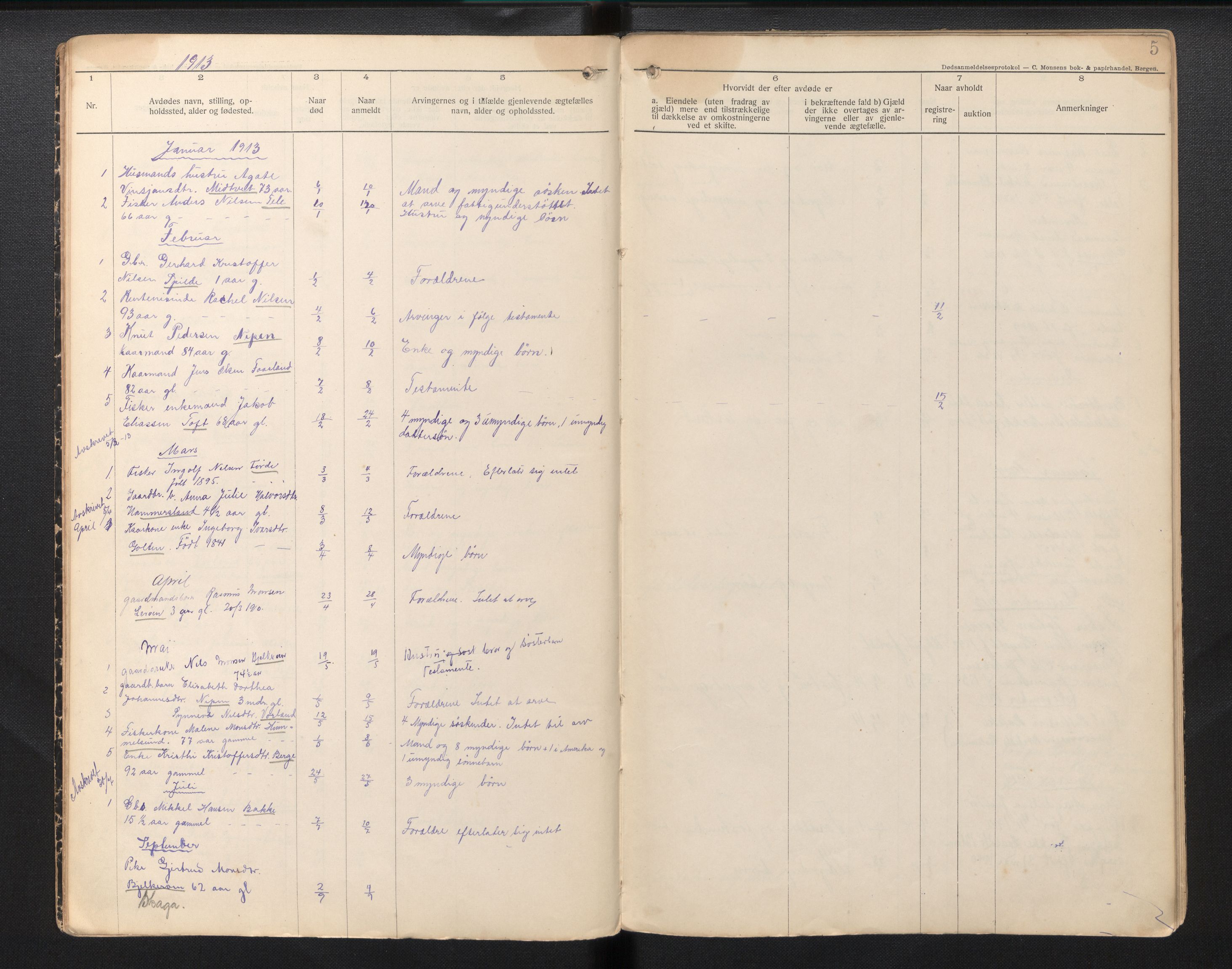 Lensmannen i Sund og Austevoll, AV/SAB-A-35201/0006/L0002: Dødsfallprotokoll - Sund, 1912-1926, s. 5