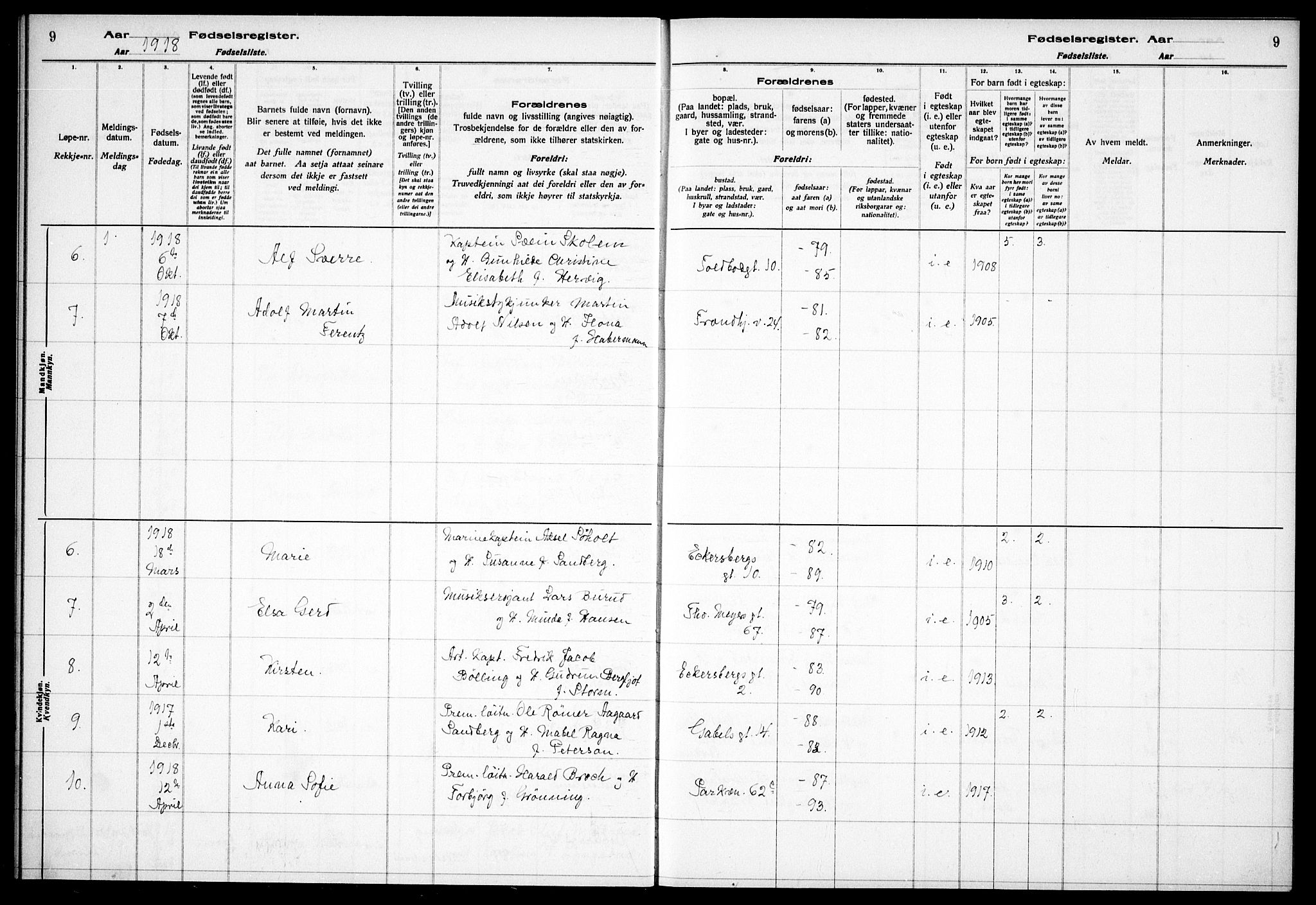 Garnisonsmenigheten Kirkebøker, SAO/A-10846/J/Ja/L0001: Fødselsregister nr. 1, 1916-1938, s. 9