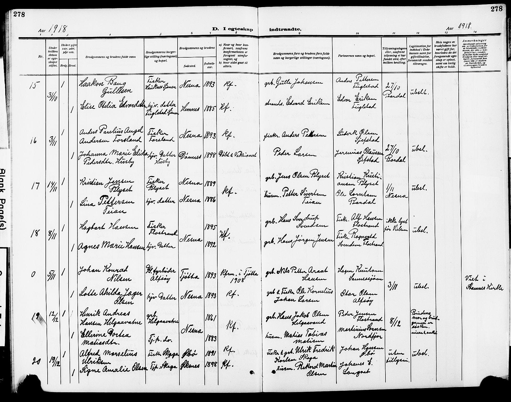 Ministerialprotokoller, klokkerbøker og fødselsregistre - Nordland, AV/SAT-A-1459/838/L0560: Klokkerbok nr. 838C07, 1910-1928, s. 278