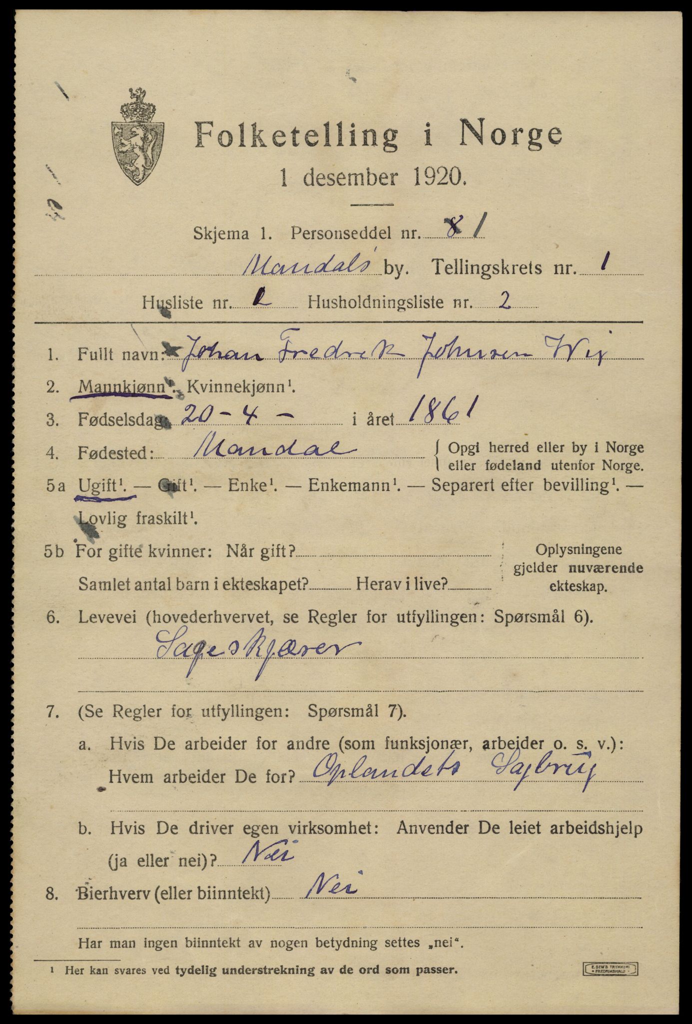 SAK, Folketelling 1920 for 1002 Mandal ladested, 1920, s. 3317