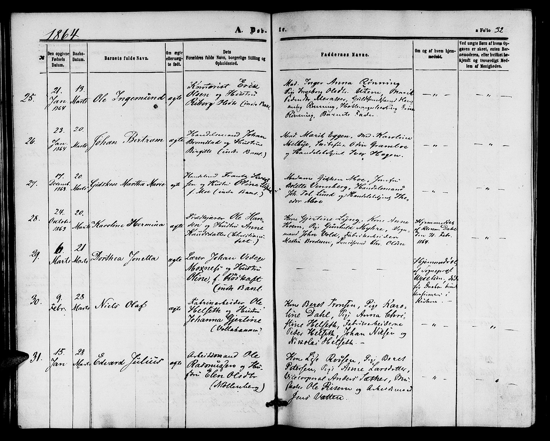 Ministerialprotokoller, klokkerbøker og fødselsregistre - Sør-Trøndelag, SAT/A-1456/604/L0185: Ministerialbok nr. 604A06, 1861-1865, s. 32