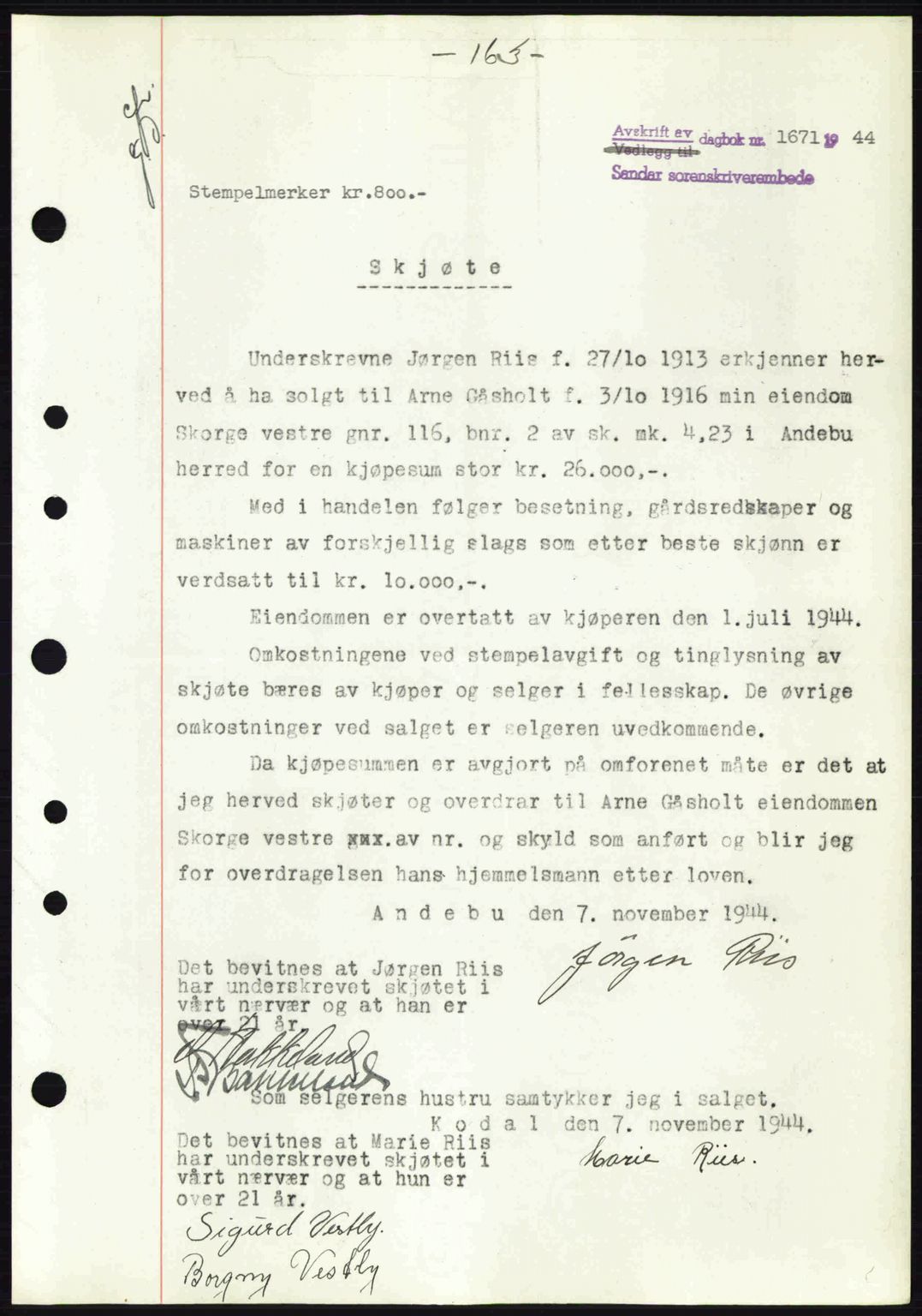 Jarlsberg sorenskriveri, SAKO/A-131/G/Ga/Gaa/L0016: Pantebok nr. A-16, 1944-1945, Dagboknr: 1671/1944