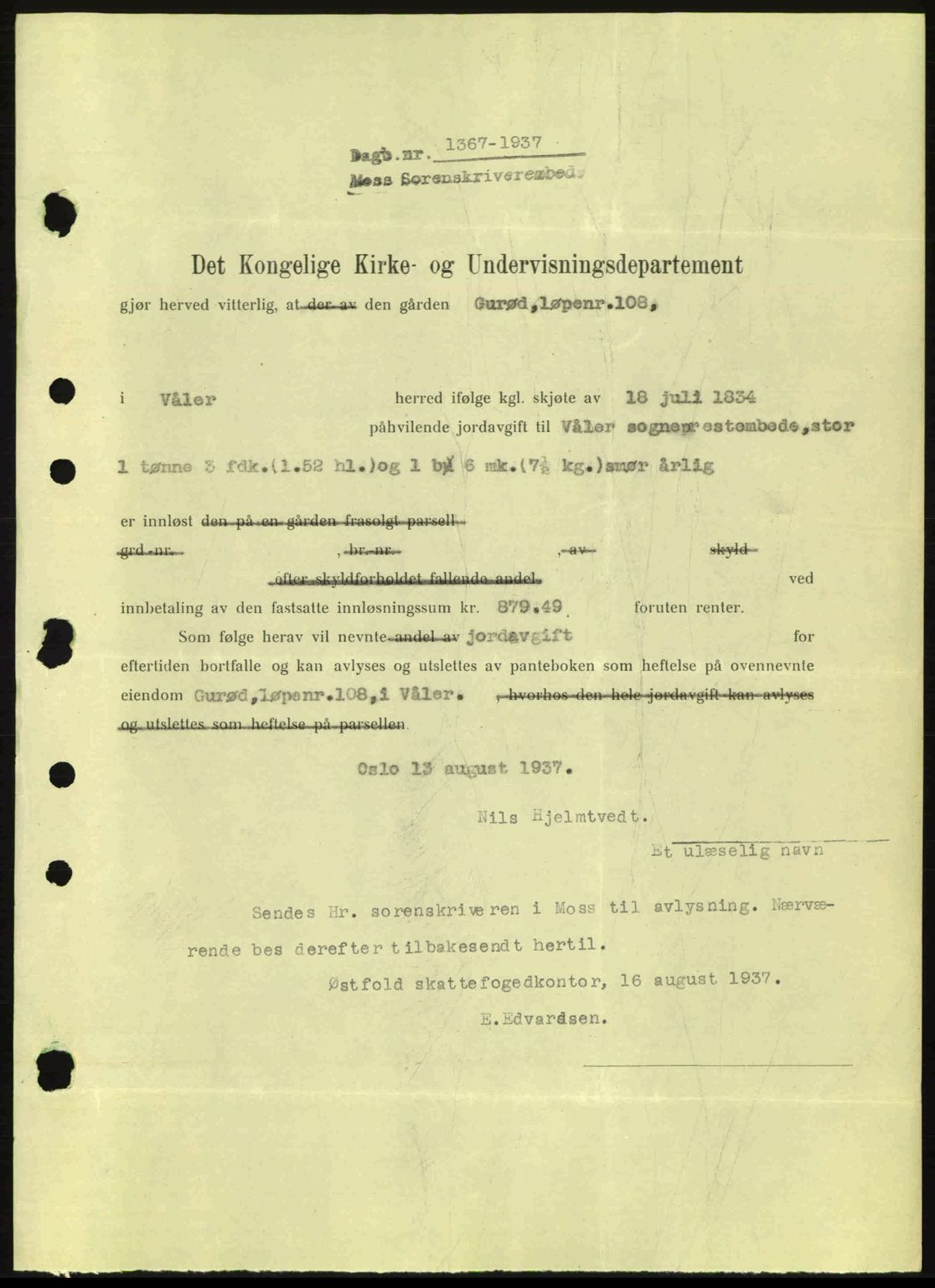 Moss sorenskriveri, SAO/A-10168: Pantebok nr. B3, 1937-1937, Dagboknr: 1367/1937