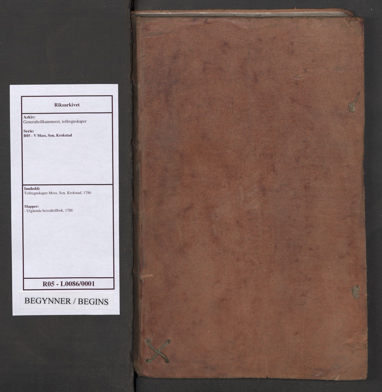Generaltollkammeret, tollregnskaper, RA/EA-5490/R05/L0086/0001: Tollregnskaper Moss, Son, Krokstad / Utgående hovedtollbok, 1786
