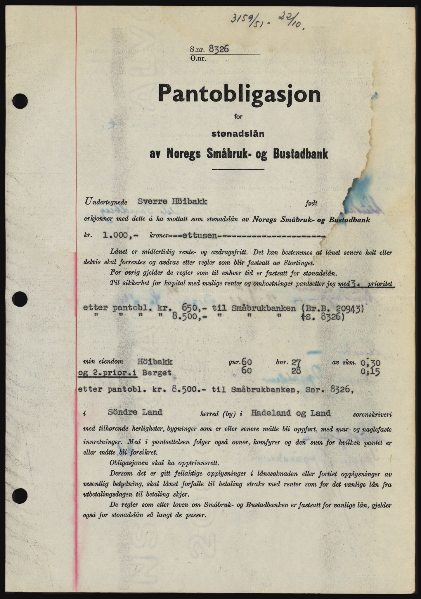 Hadeland og Land tingrett, SAH/TING-010/H/Hb/Hbc/L0022: Pantebok nr. B22, 1951-1951, Dagboknr: 3159/1951