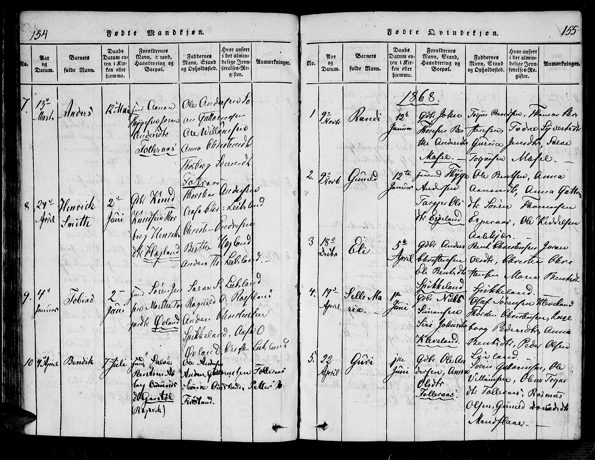 Bjelland sokneprestkontor, SAK/1111-0005/F/Fa/Fab/L0002: Ministerialbok nr. A 2, 1816-1869, s. 154-155