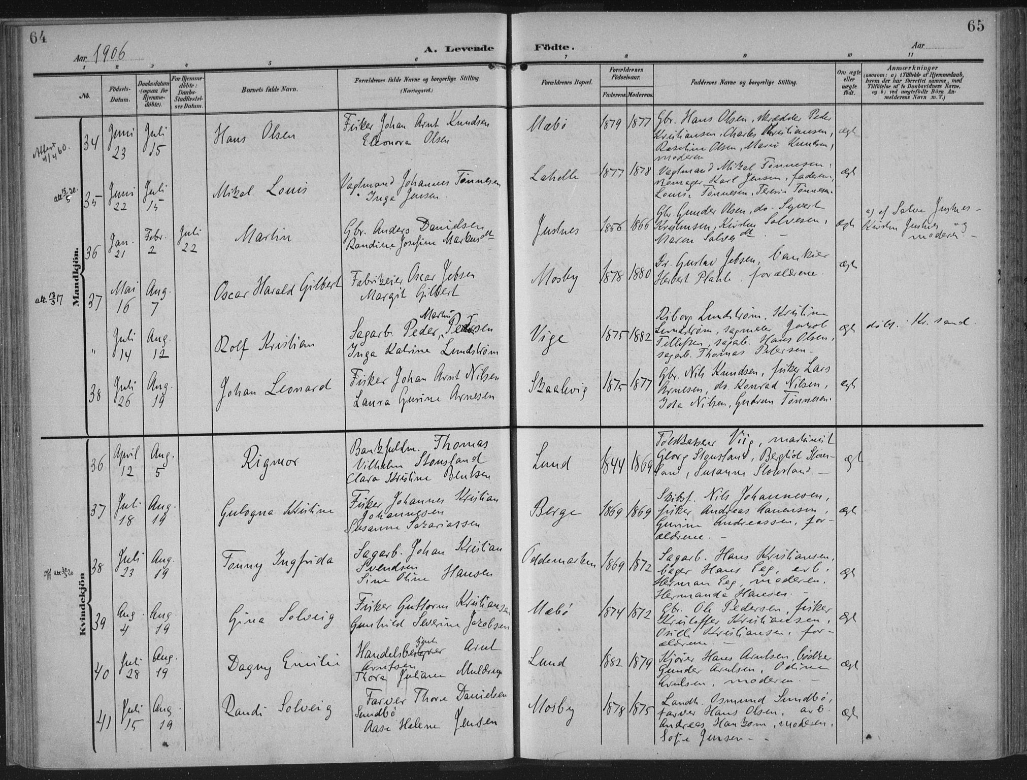 Oddernes sokneprestkontor, AV/SAK-1111-0033/F/Fa/Faa/L0011: Ministerialbok nr. A 11, 1904-1911, s. 64-65