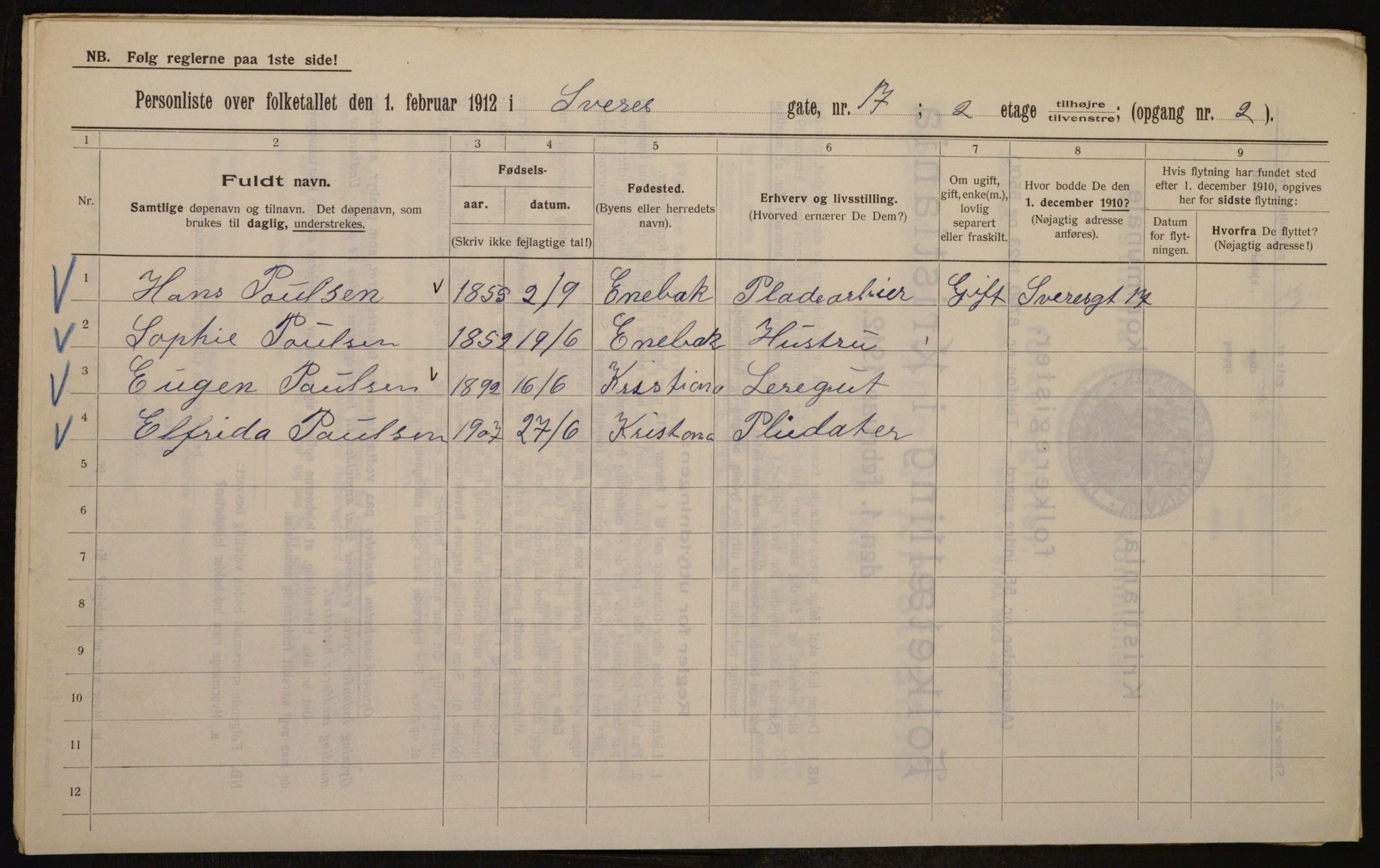 OBA, Kommunal folketelling 1.2.1912 for Kristiania, 1912, s. 105992