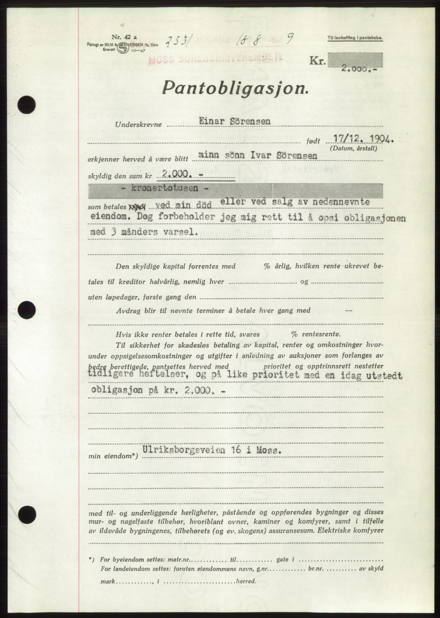 Moss sorenskriveri, SAO/A-10168: Pantebok nr. B22, 1949-1949, Dagboknr: 2531/1949